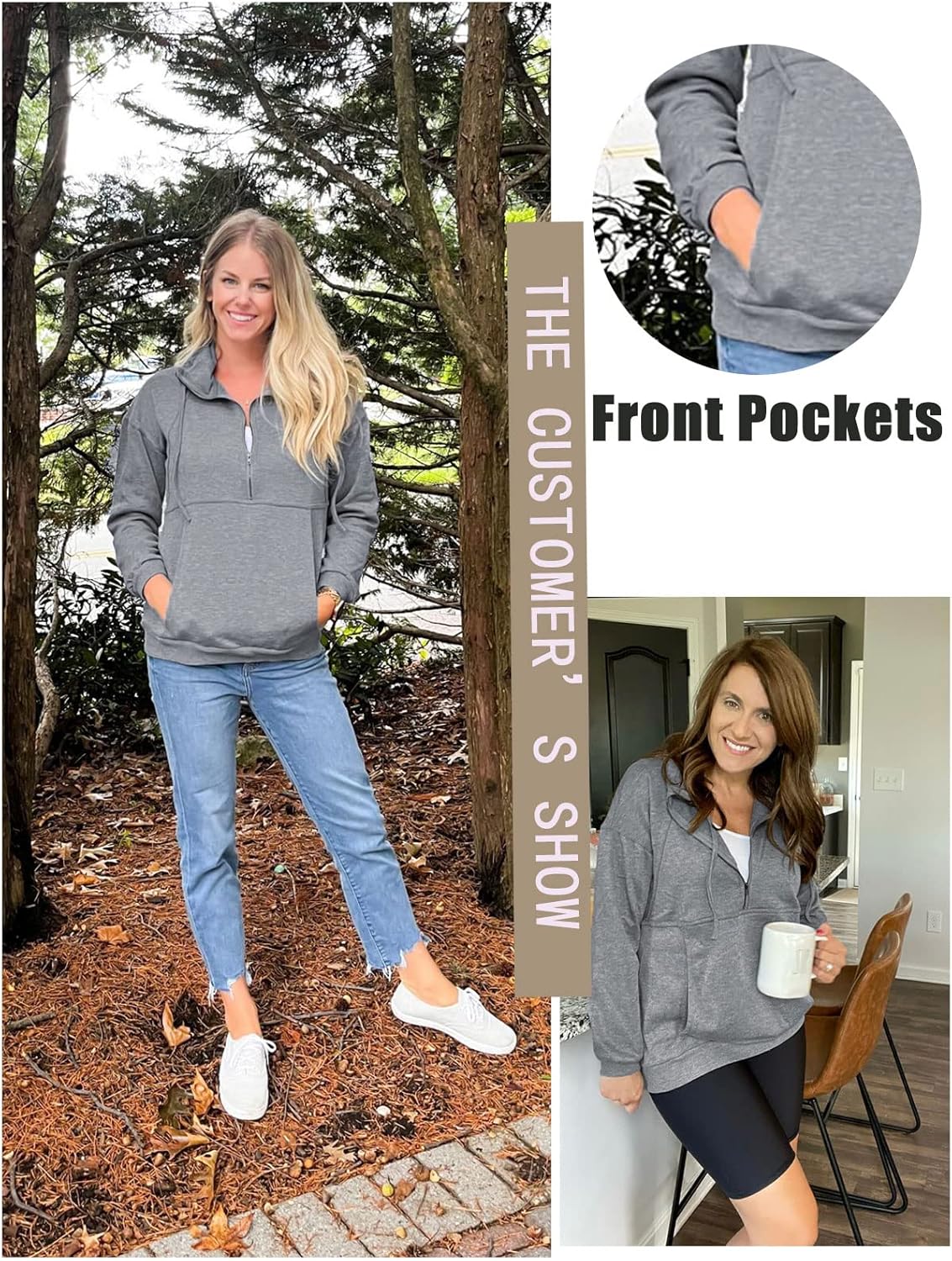Ladmous Women’s Casual Long Sleeve Half Zip Sweatshirt Lapel Drawstring Oversized Pullover Tops with Pockets（S-2XL