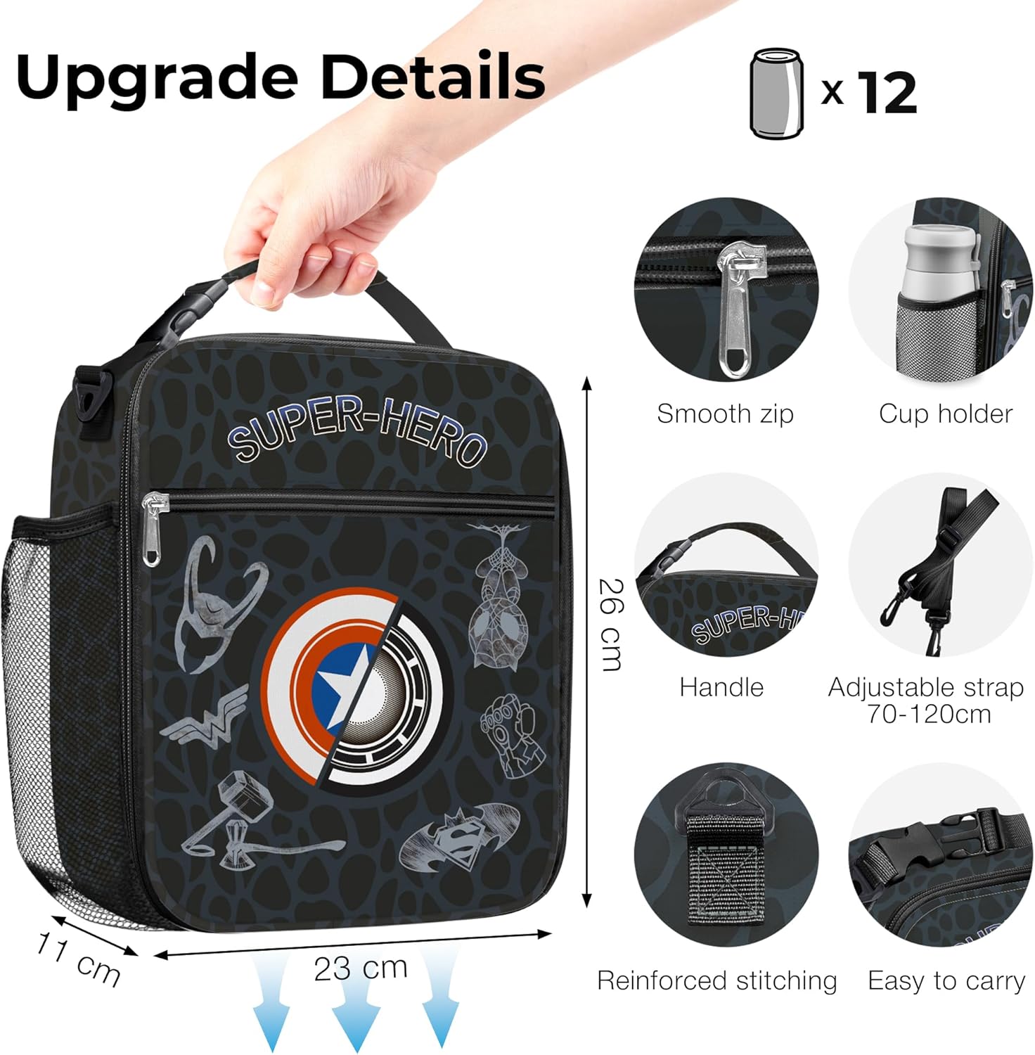 Clastyle Hero Insulated Kids Lunch Bag Large Thermal Cooler Bag for Boy Picnic School Lunch Box Tote,City Shields - Image 6