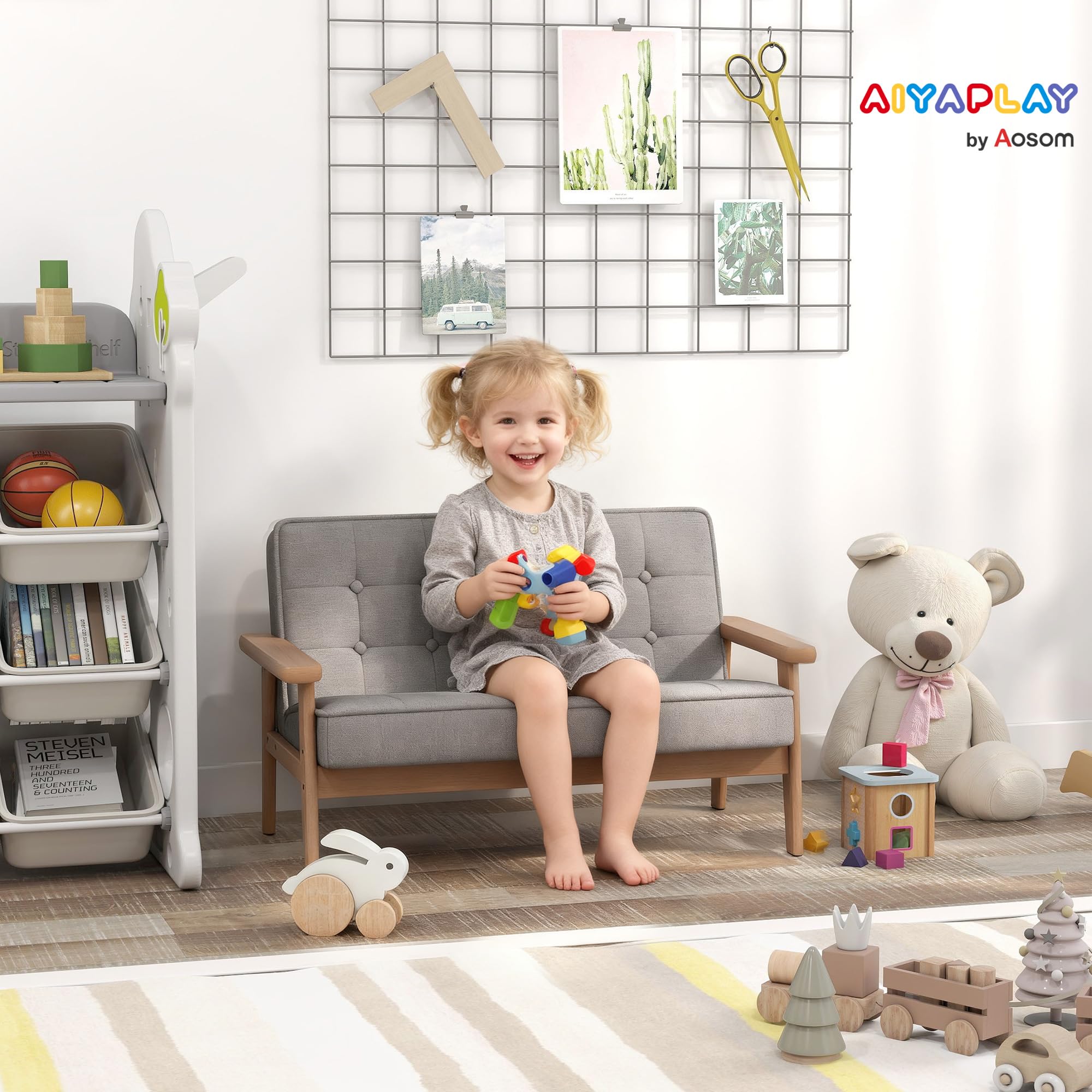 AIYAPLAY Sofá para Niños de 2 Plazas, Sillón Infantil de Felpa Suave con Estructura de Madera, Asiento y Respaldo Acolchados, Reposabrazos, para Niños de +3 Años, para Dormitorio, Sala de Juego, Gris