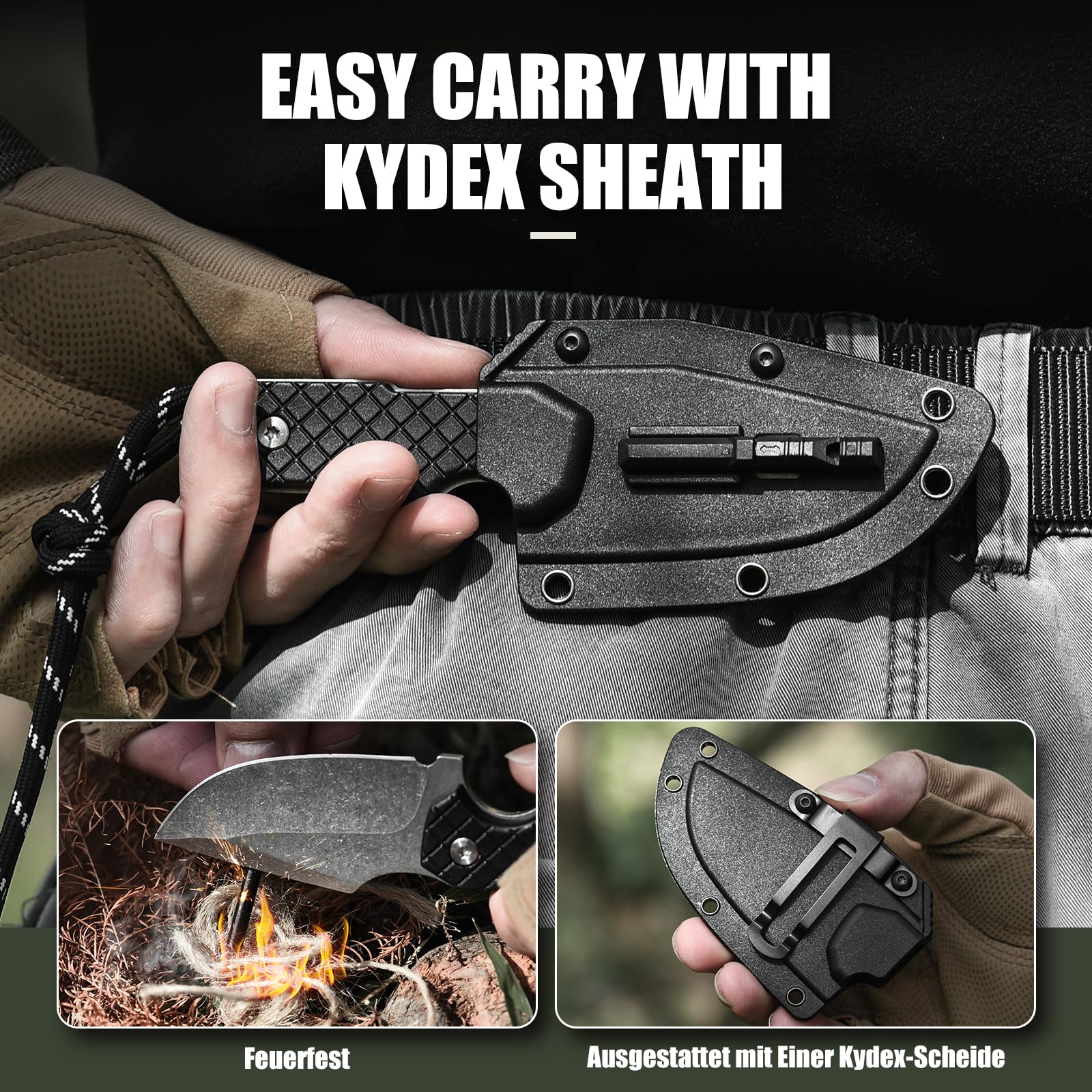 Omesio M-ZS21 Spanto Knife 5Cr13MoV Full Tang G10 Kydex | Nóż EDC ze stali 5Cr13MoV, ostrze Spanto, rękojeść PP, pochwa Kydex z linką paracord i akcesoriami outdoor