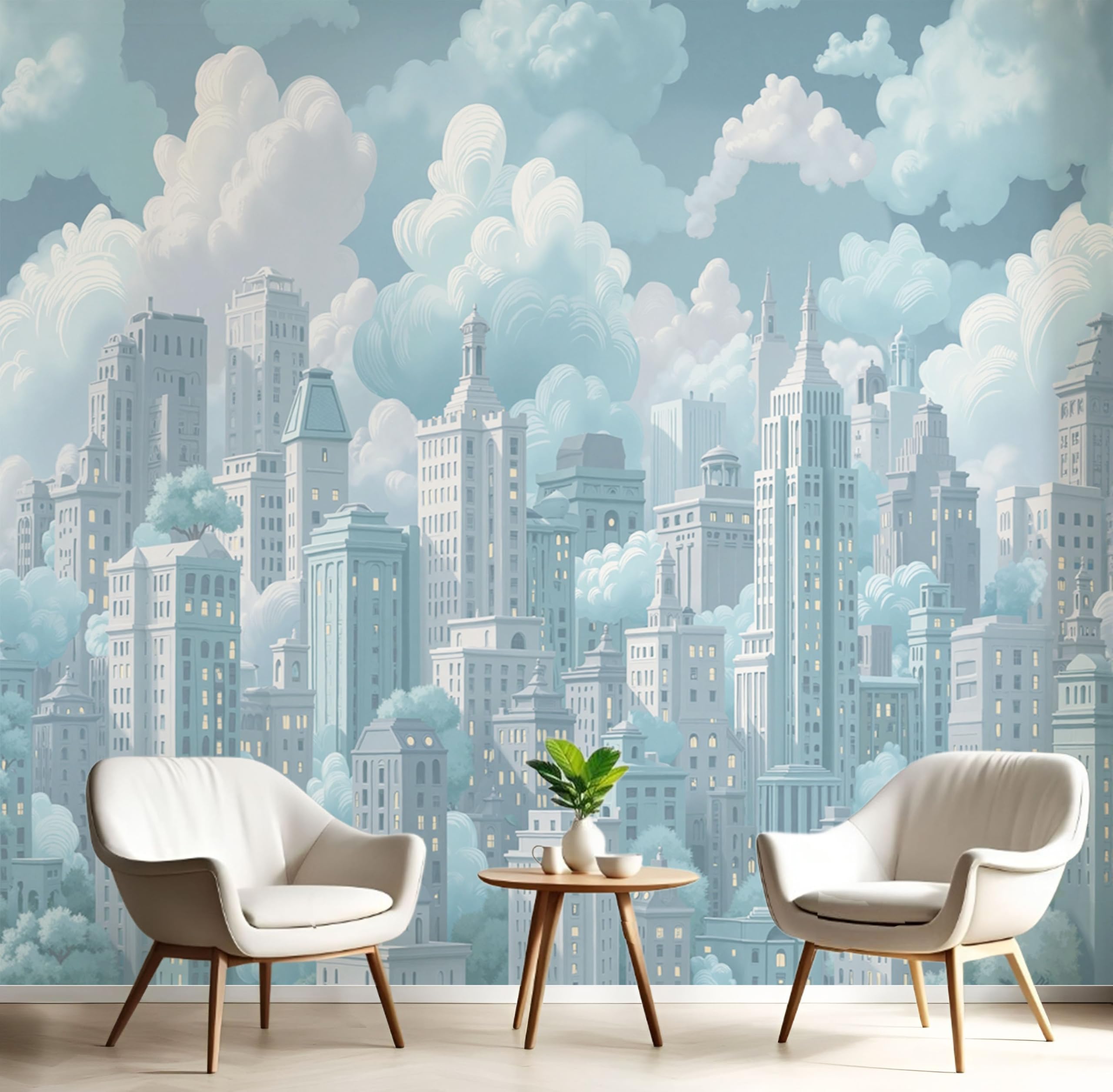 Papier peint panoramique bleu-vert ville de nuages 400x280cm
