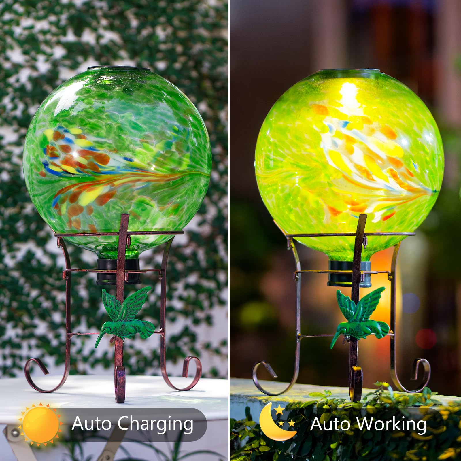 Sfera di vetro solare da 25,4 cm, con supporto in metallo alto 23,9 cm, espositore per luci a sfera solare, per esterni, giardino, prato, cortile, decorazione artistica verde