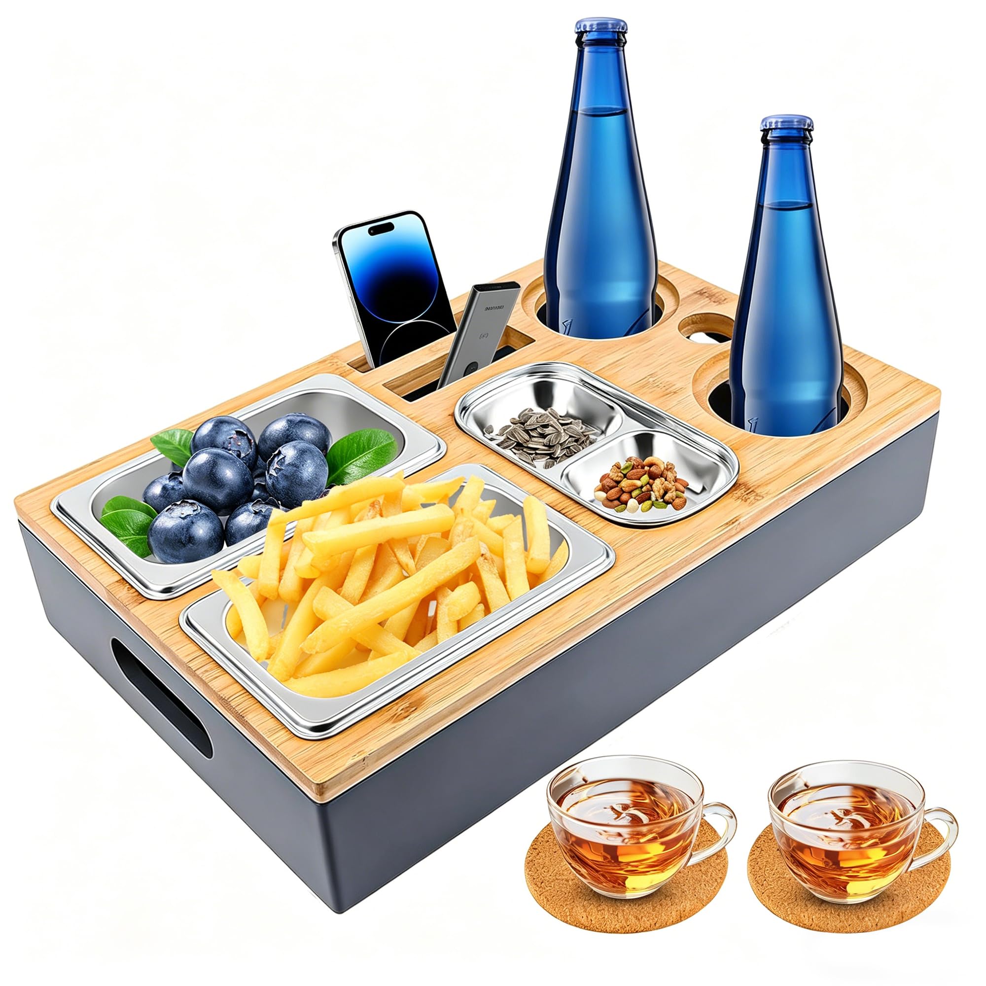 Couchbar Snackbox, Sofatablett Snackbox Mit Snackschalen Aus Edelstahl, Snackbox mit Fächern, Sofaablage für Wohnzimmer Schlafzimmer Camping Garten Picknickparty
