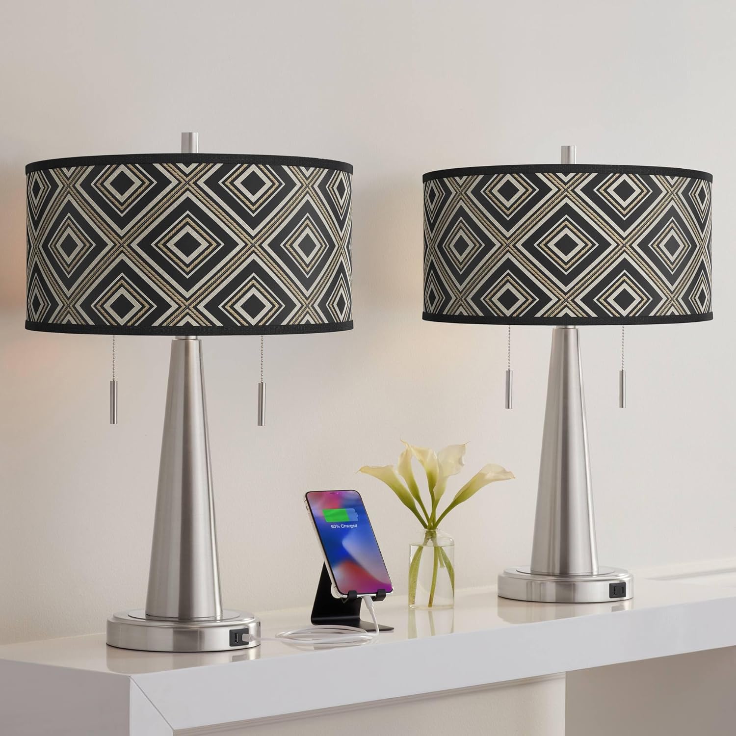 Giclee Glow Rhythm Vicki Brushed Nickel USB Table Lamps Set of 2 with Print Shade