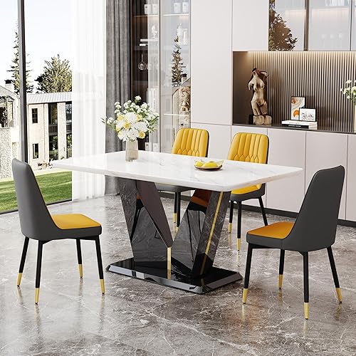 Miniatura 17 de Sillas de Comedor Modernas 6 - Juego de mesa de comedor de mármol para 6, 7 piezas, color blanco, juego de mesa de cocina de mármol de 63 pulgadas