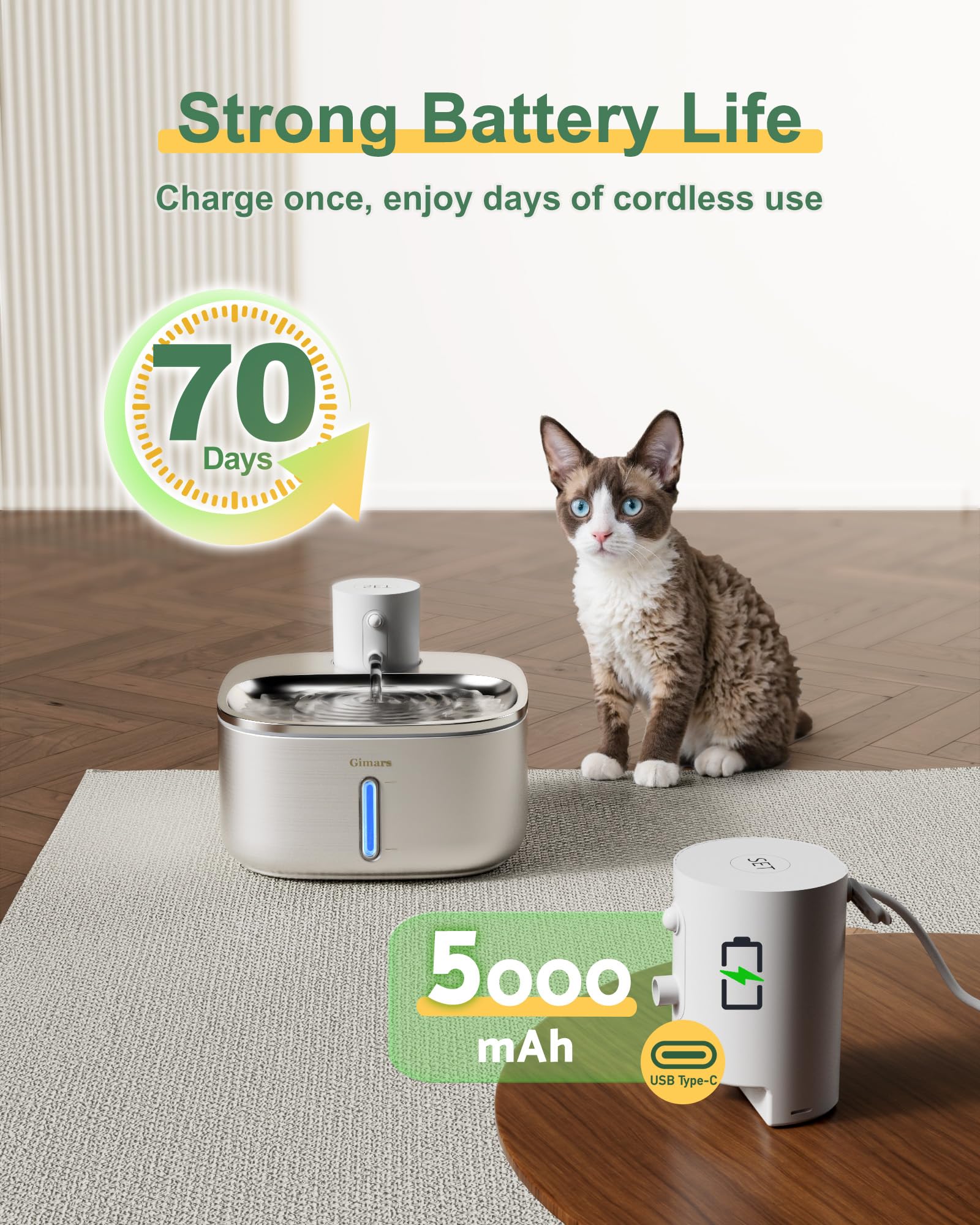 Gimars Fuente para Gatos sin Cable Inoxidable: 3.2L/5000 mAh, Bebedero Gatos con Sensor de Movimiento, Automático Dispensador de Agua Inalámbrico con Batería Recargable, Bomba Ultra Silenciosa