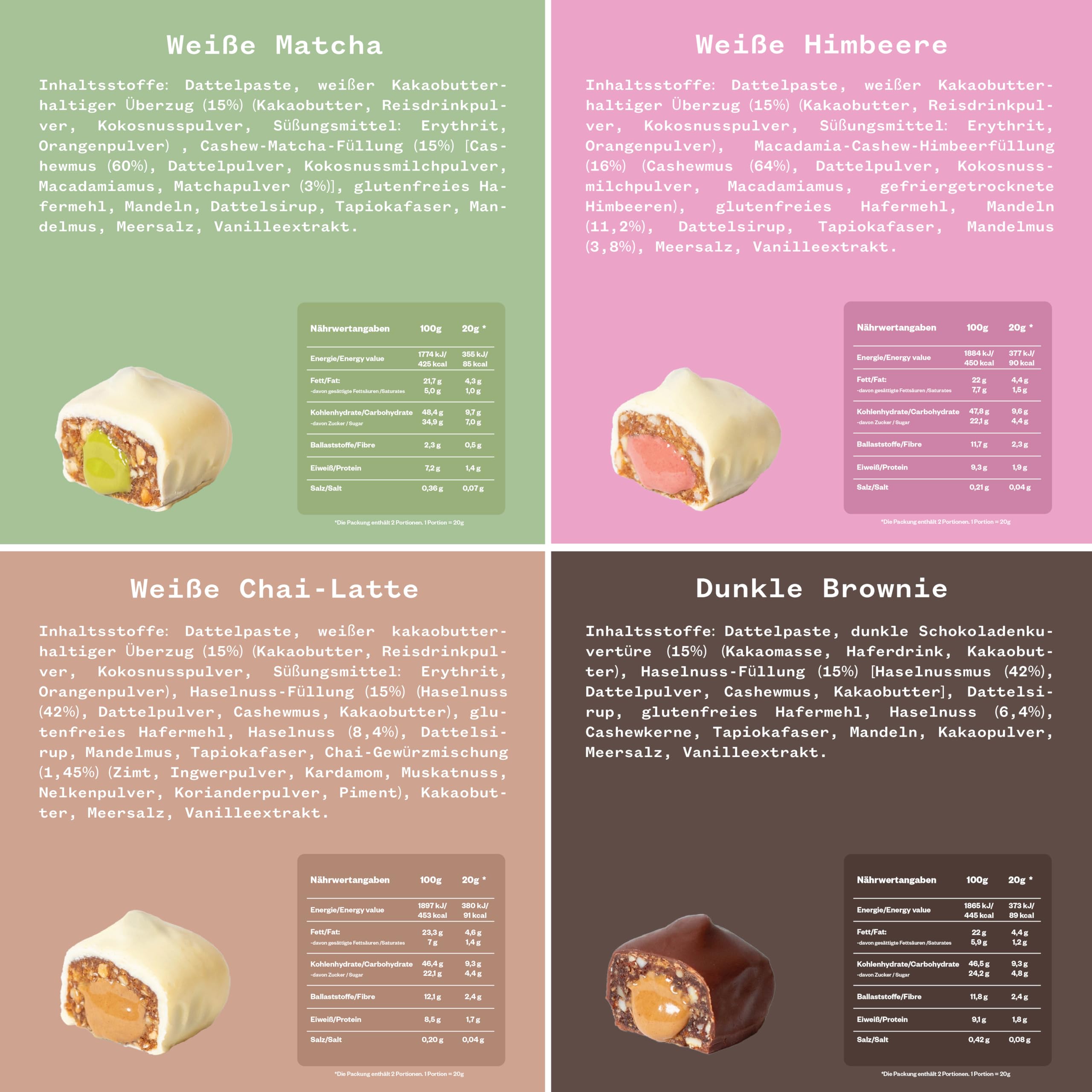 Vegane Schokoriegel mit Füllung Matcha Chai Latte Brownie Himbeere-Macadamia