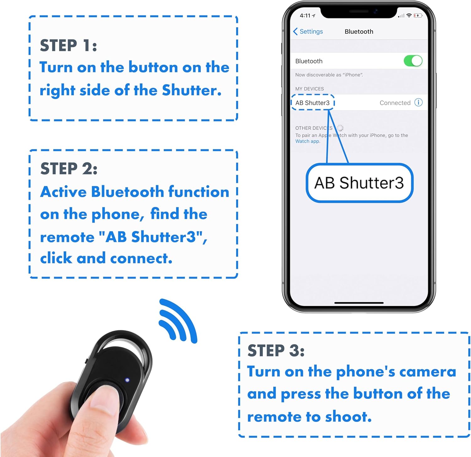 Step-by-step visual guide for pairing the Bluetooth remote control with a smartphone.