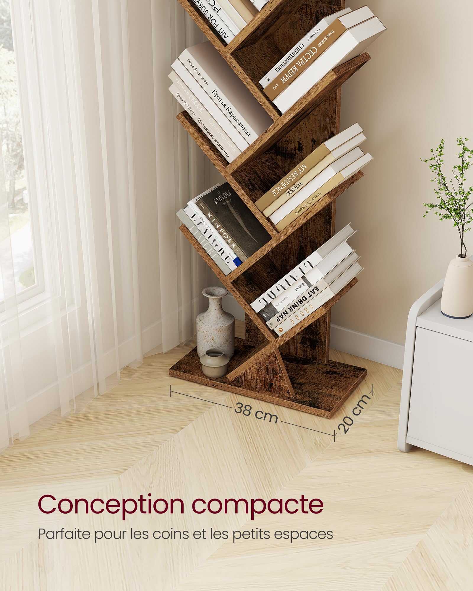 VASAGLE Custos Collection - Bibliothèque Arbre, Bibliothèque Moderne sur Pied, pour Chambre, Salon, Bureau, 20 x 38 x 115,2 cm, Marron Rustique LBC609KD01