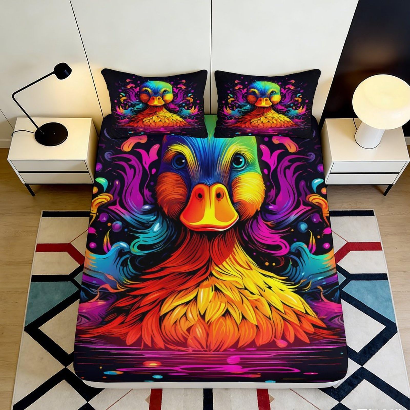 3D Printed Colorful Duck Fitted Sheet Microfiber Soft Anti-Slip Artistic Abstract Bed Cover for Bedroom Dorm Apartment 90x200x25cm