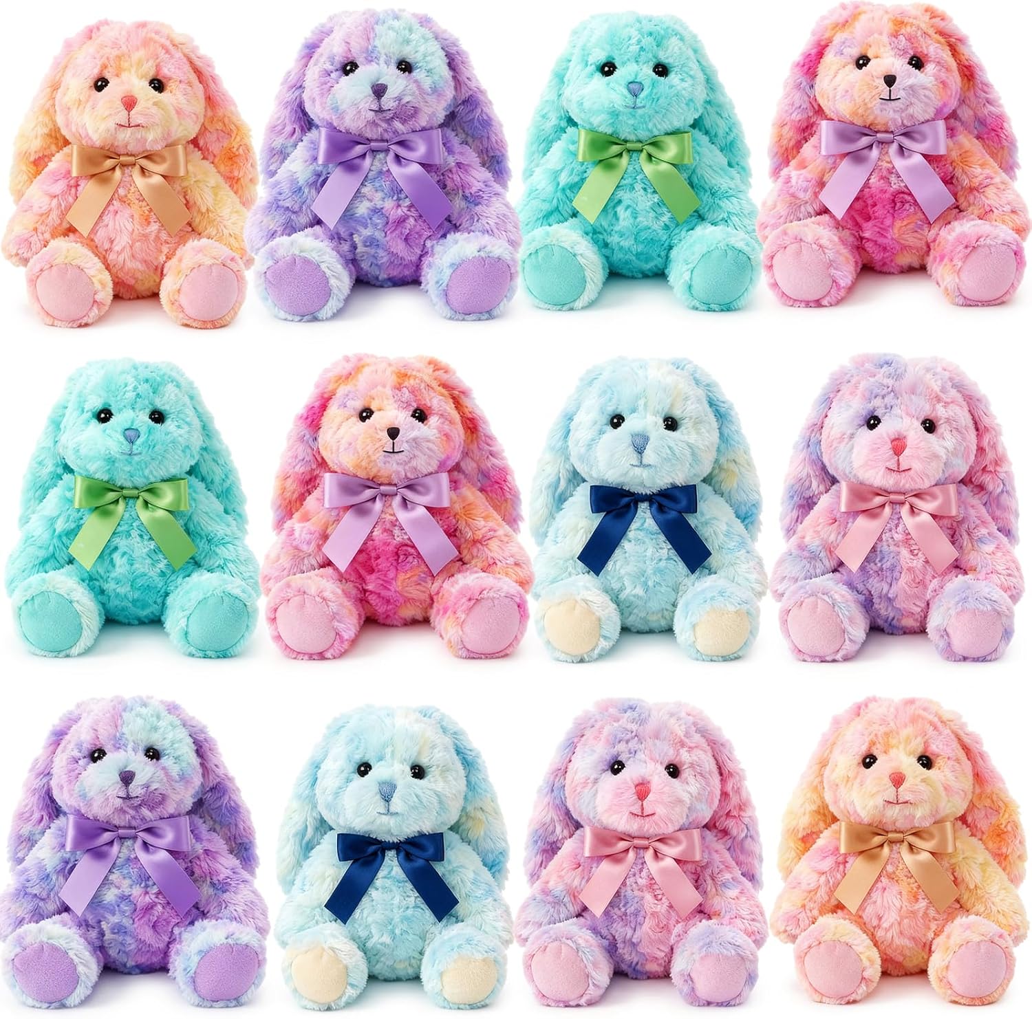 Civaner 12 Pcs Bunny Stuffed Animals Bulk 12.6 Inch Easter Plush Rabbit with Tie Colorful Bunny Plush Toys for Easter Basket Stuffers Valentines Birthday Gifts Baby Shower Wedding (Vivid Color)