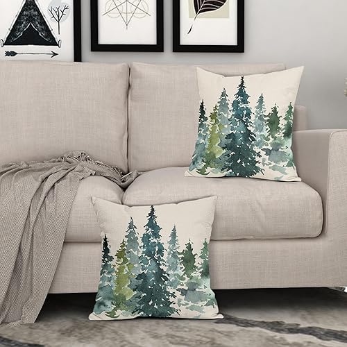 Miniatura 8 de Juego de 2 fundas de almohada decorativas con diseño de árbol azul y verde en acuarela de 18 x 18 pulgadas, con temática de naturaleza, decoración