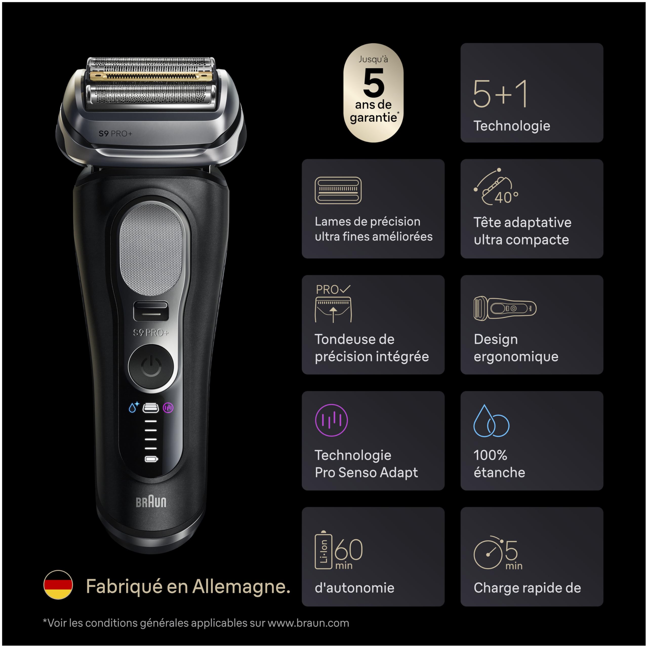 Braun Rasoir Electrique Homme Series 9+ Pro 9690CCE Noir | Etanche, Batterie Rechargeable, Lames de Précision Ultra-Fines, Tondeuse ProTrimmer, Station de Nettoyage, Tête de Pre-Rasage