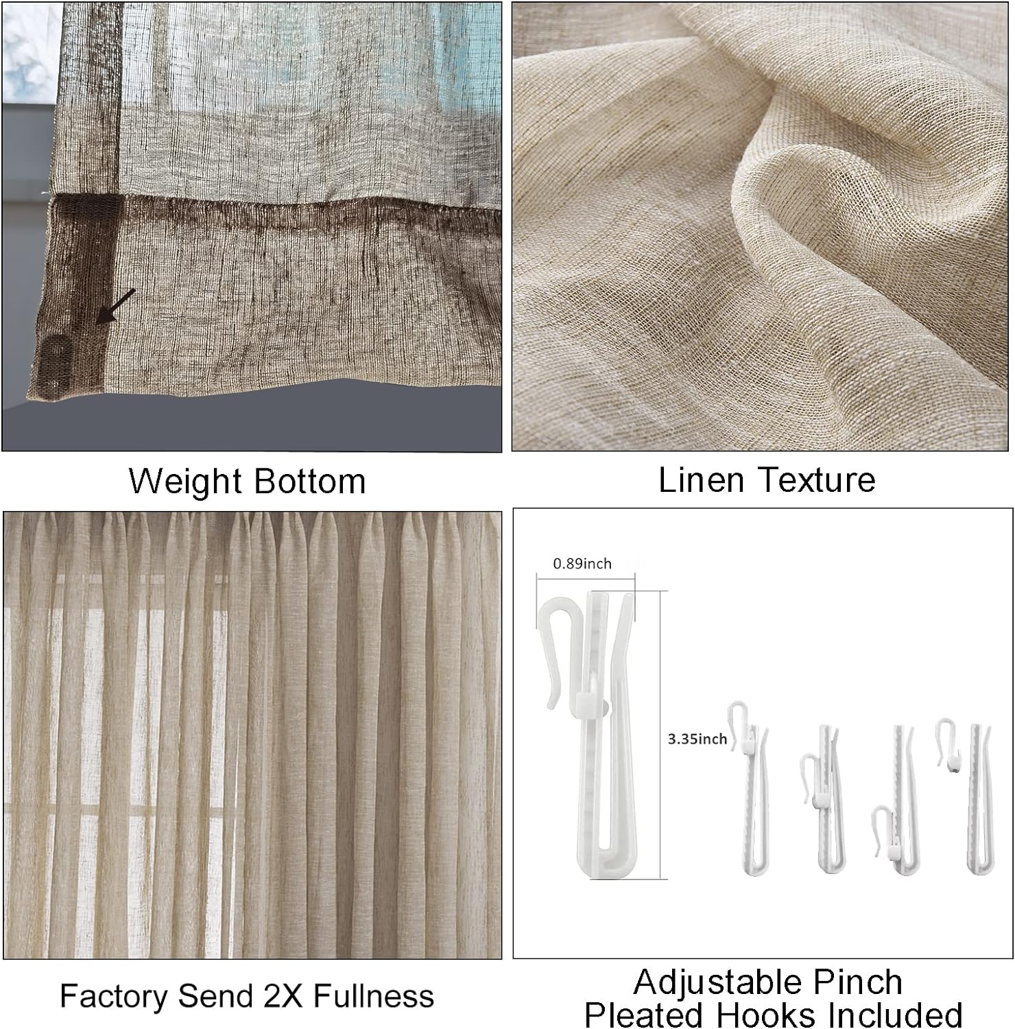 LANTIME Sheer Curtains 96 inches Long, Faux Linen Double Pleated Window Sheer Curtains Panels Drapery for Home, Hotel, Office, 26" W x 96" L, Set of 2, Light Brown