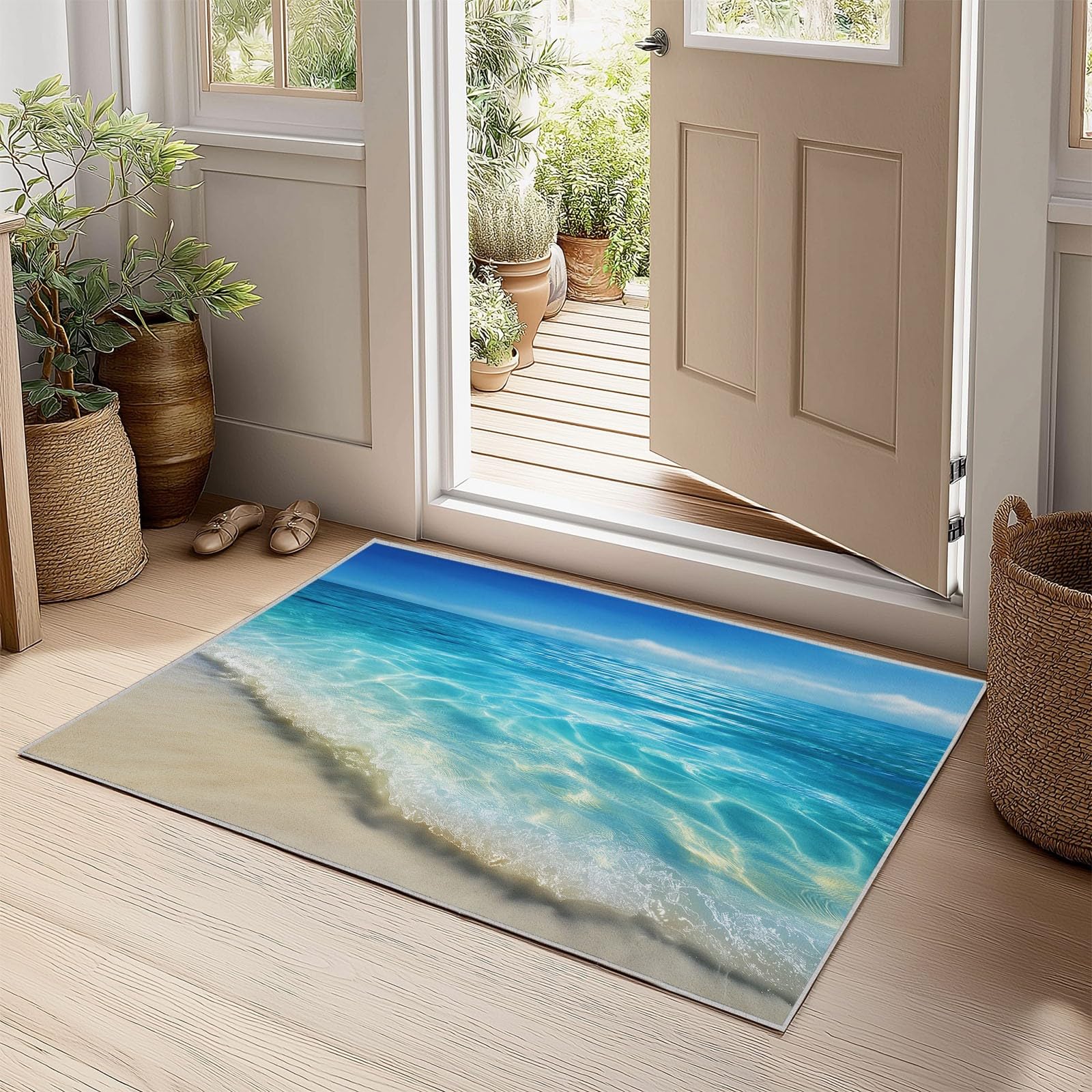 Tapis de Zone Océan Plage Lavable en Machine 80 x 150 cm, Tapis à Faible Poil Antidérapant avec Imprimé Côtier Réaliste Vagues - pour Salon Chambre à Coucher Entrée Bureau à Domicile, Bleu