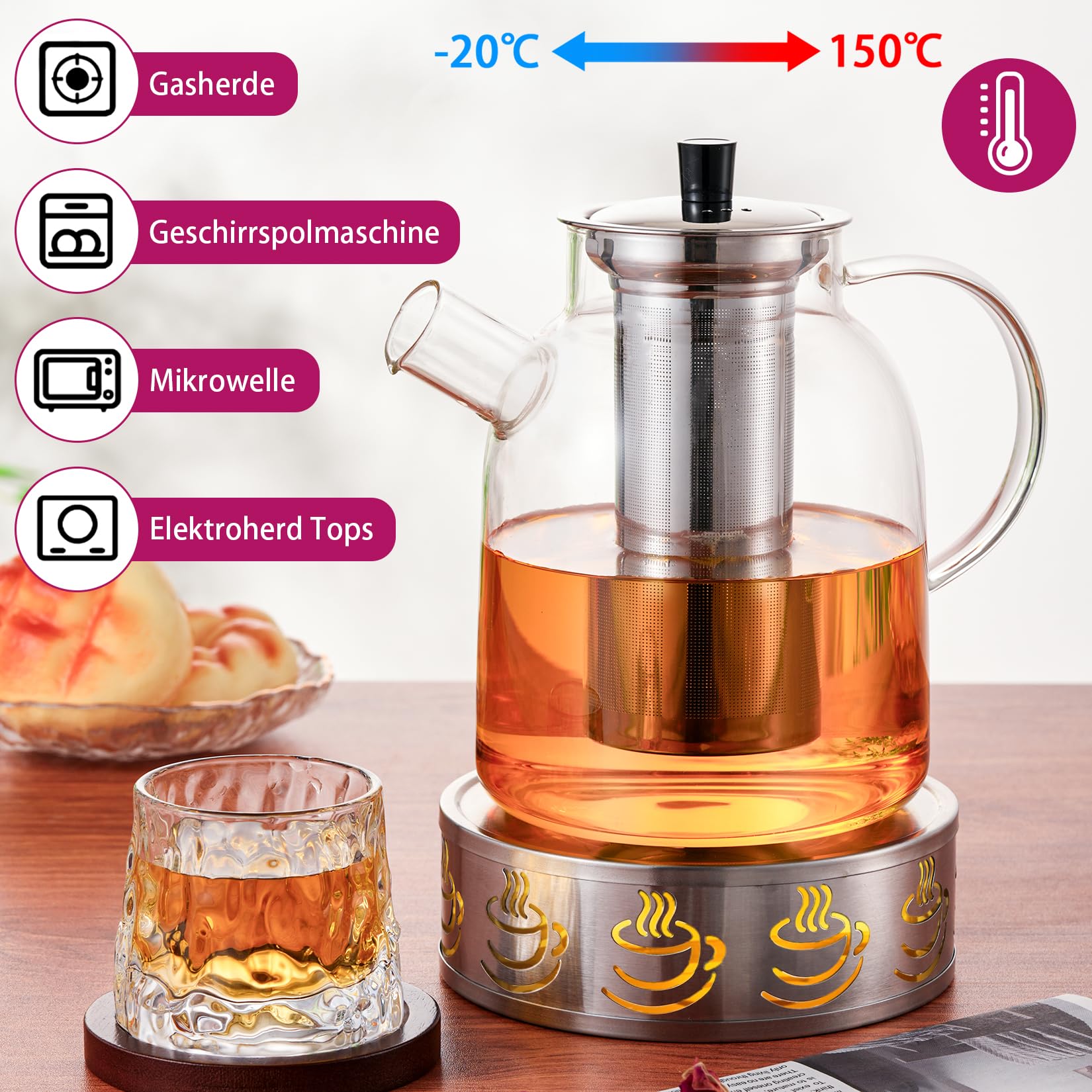 Szklany dzbanek do herbaty, 1,8 l, ze stali nierdzewnej, szkło borokrzemowe i podgrzewacz, nie kapiący, odporny na wysokie temperatury, nadaje się do mycia w zmywarce