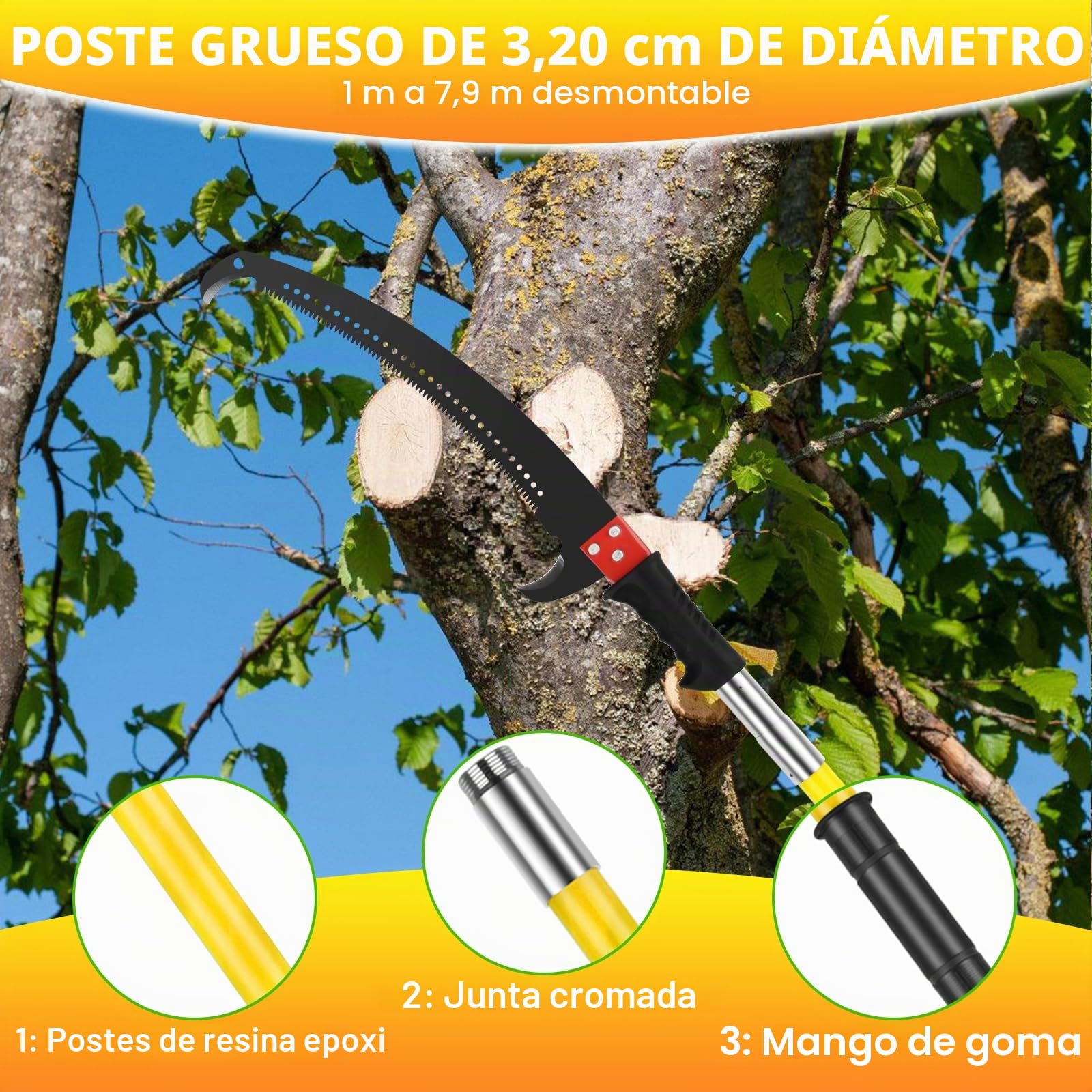 Sierra de Poda Telescópica,2-8M Pertiga Podar Telescopica | con Hoja de Acero Afilada,Manual Serrucho de Poda para Podar Palmas y Arbustos