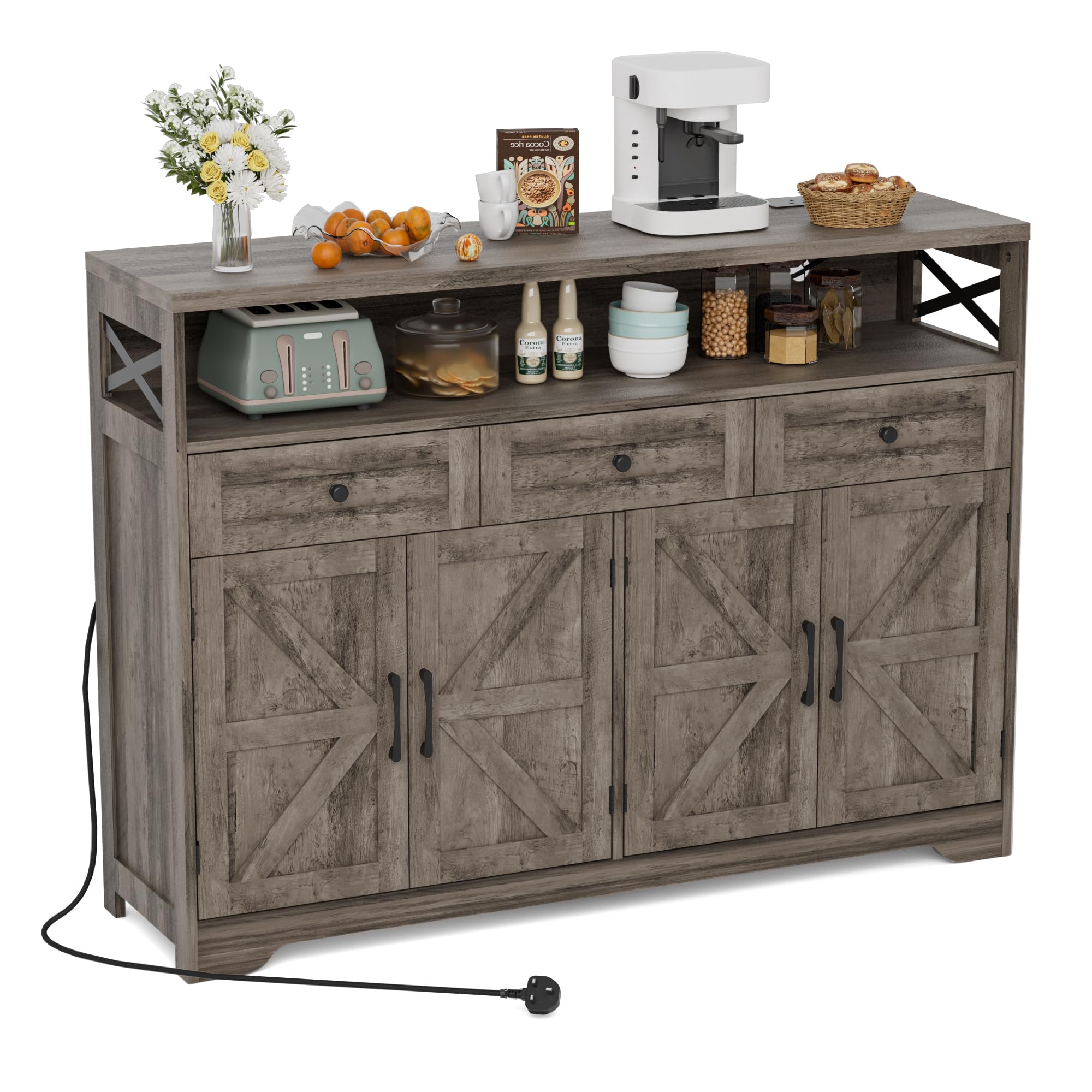 BonVache Sideboards Cabinet with Power Outlets,Wooden Storage Sideboard with Adjustable Shelf,3 Drawers and Open Shelf,Buffet Cupboard for Living Room,Kitchen,Hallway, Dining Room,Dark Gray