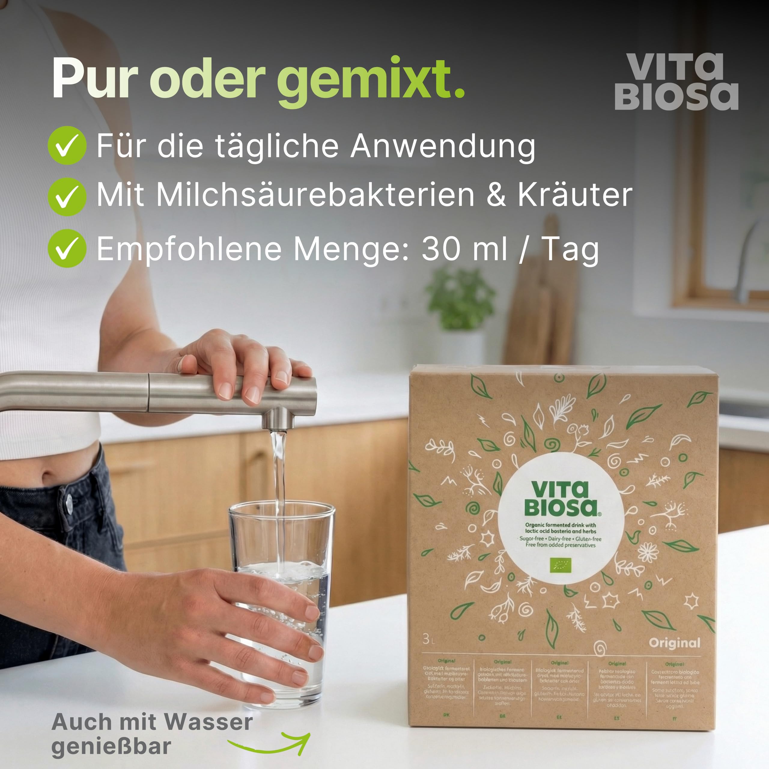 Vita Biosa Original 3 L Bag-in-Box – Bio Kräuterfermentgetränk mit Milchsäurekulturen – vegan, zuckerfrei & laktosefrei – Fermentdrink aus 19 Kräutern – Großpackung für Familie & Kur