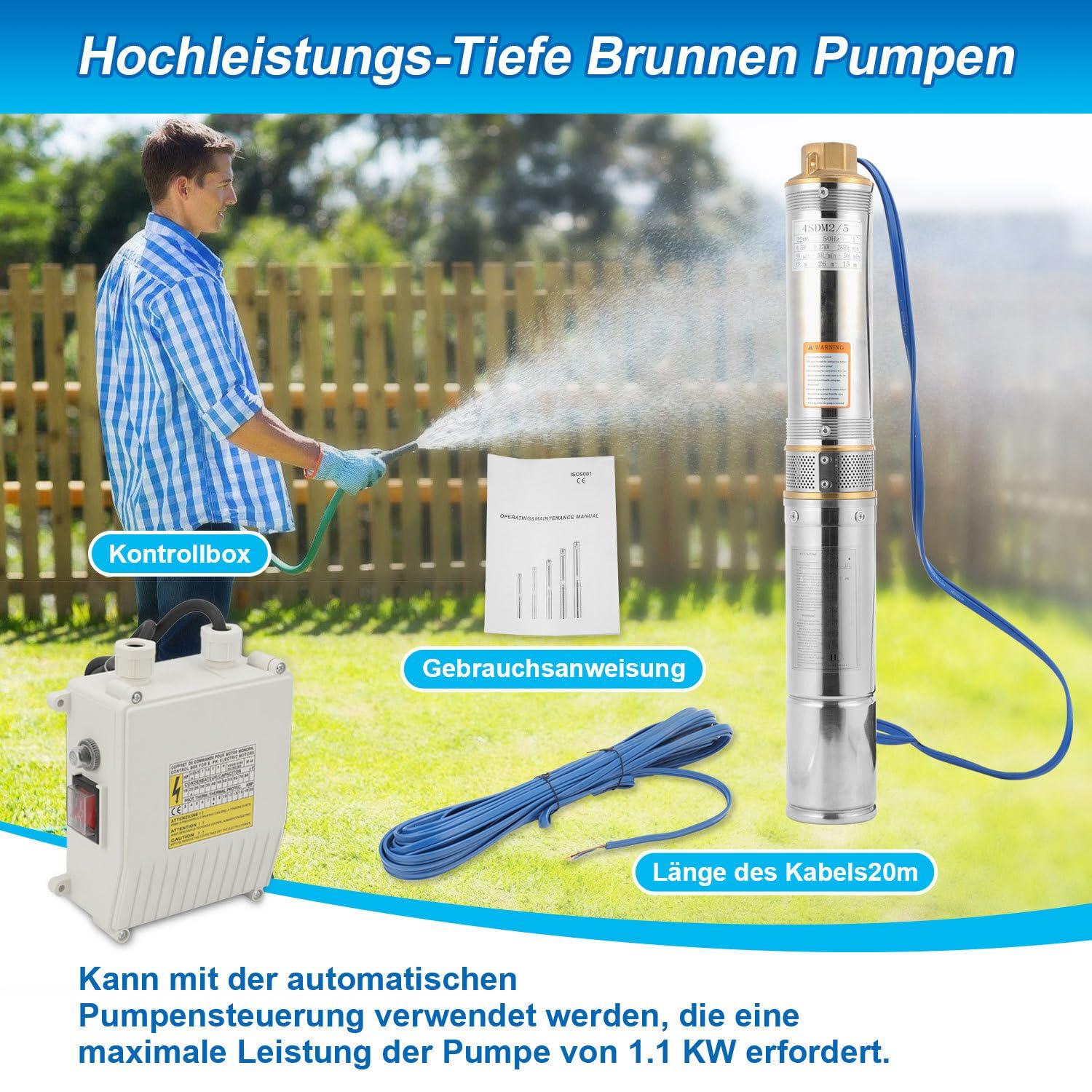 Pompe de puits immergée 750 W - 4 m³/h hauteur de refoulement 67 m - Pompe de puits en acier inoxydable + bec en laiton - Résistant au sable pour eau domestique et jardin - Avec boîtier de