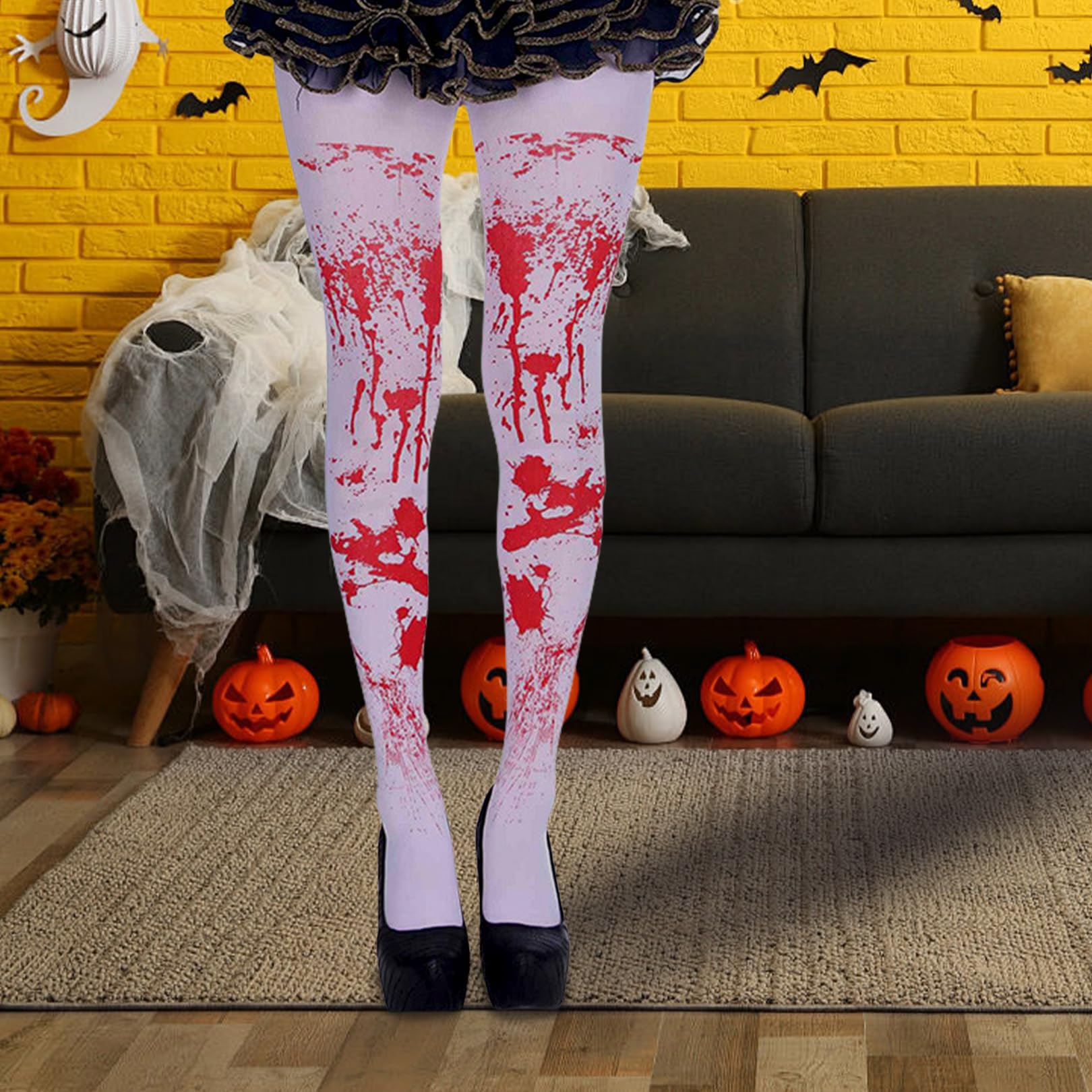 Halloween Tights for Women UK,Kids Adults Blood Stained Tights,Girls Zombie Cheerleader Horror Costume Fake Bloody Socks,White And Red Girl Nurse Leggings,for Haloween Clown Bride Costumes Accessories - Image 4