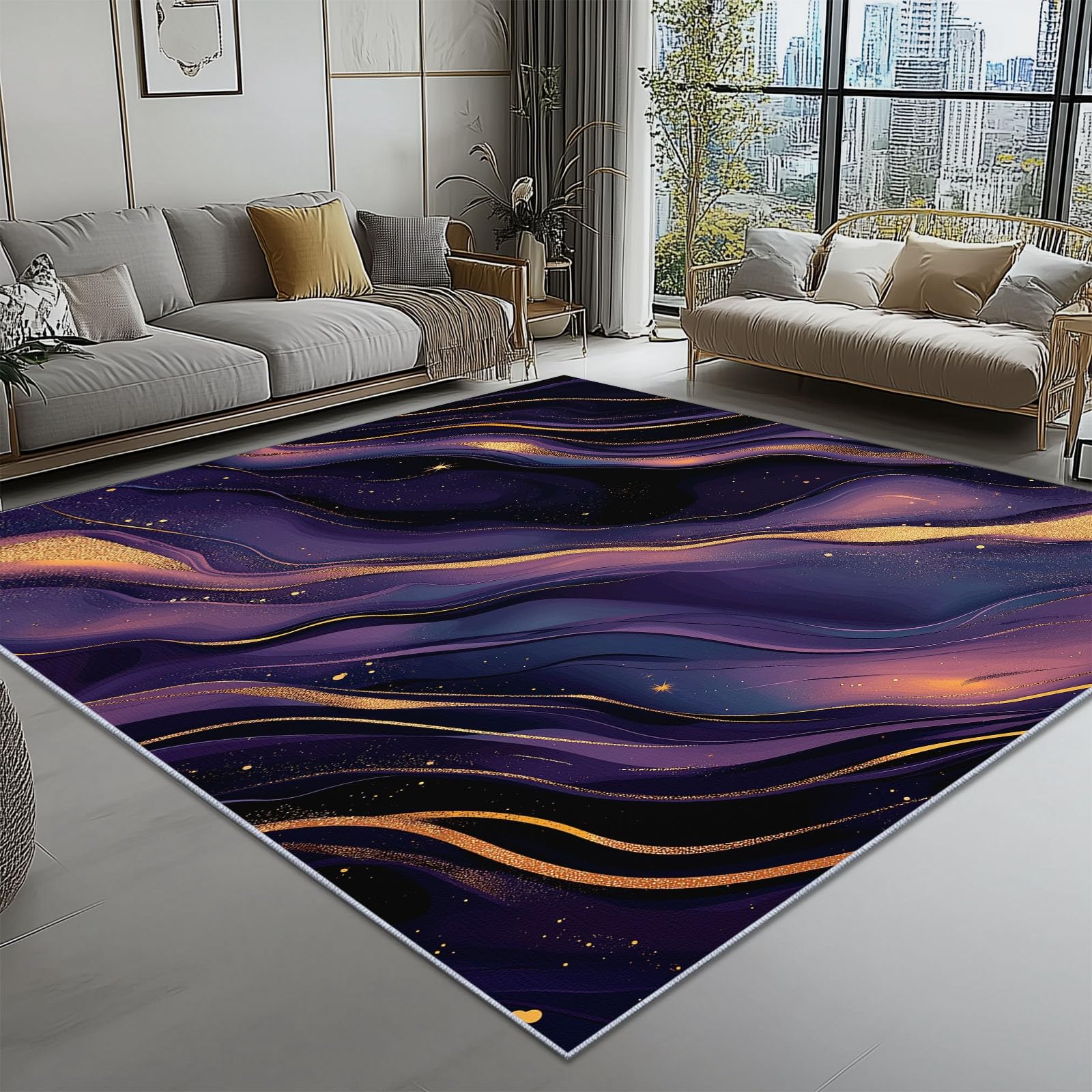 Lavabile in Lavatrice Tappeto per Soggiorno Camera da Letto Ufficio Decorazione 120 x 180 cm, Arte Digitale Texture Marmo Vortici Tema Flanella Tappeti con Supporto Antiscivolo, Viola