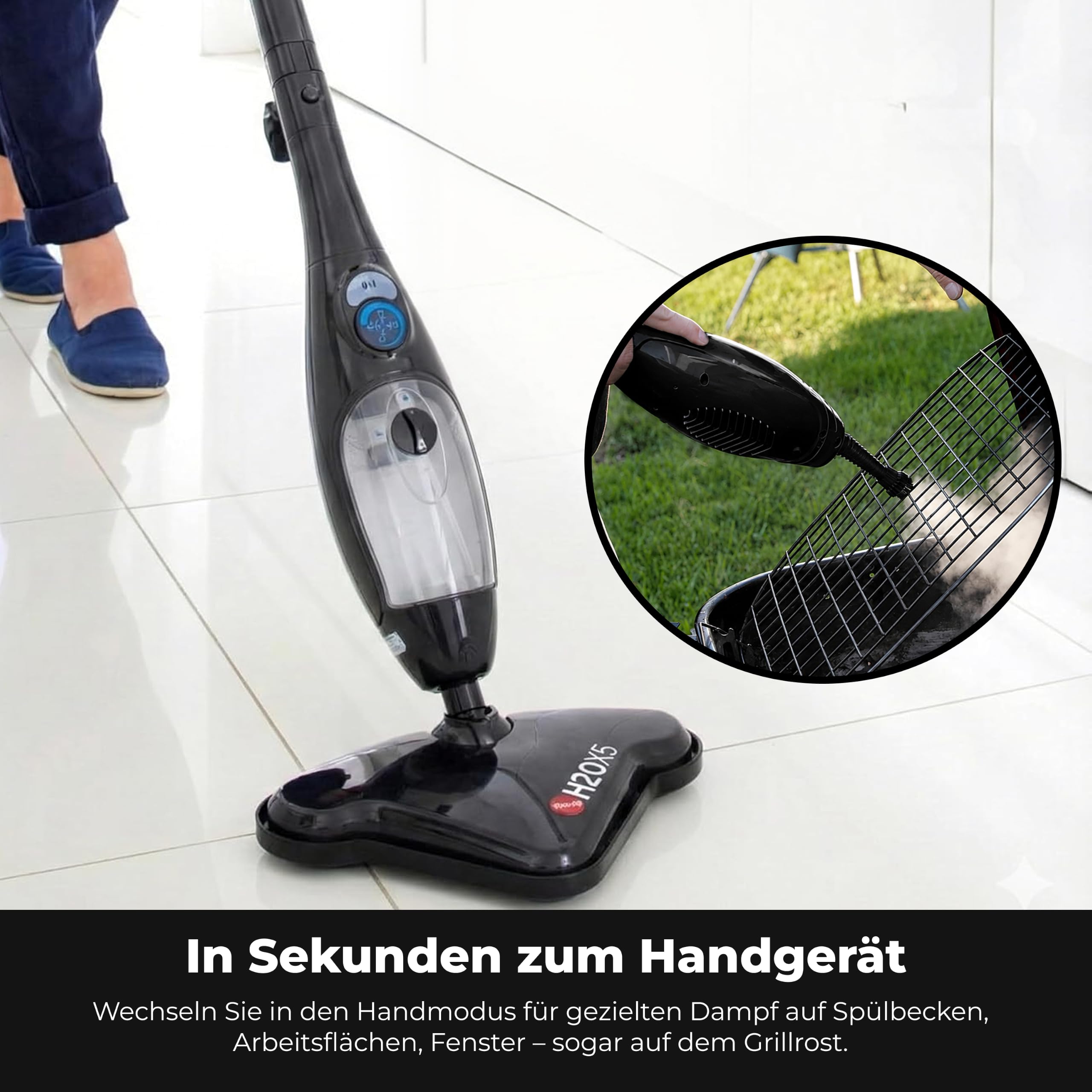 H2O X5® Dampfbesen & Handdampfreiniger – Hygienische Reinigung ohne Chemie – 12-tlg. Zubehör – 1300W (Schwarz)