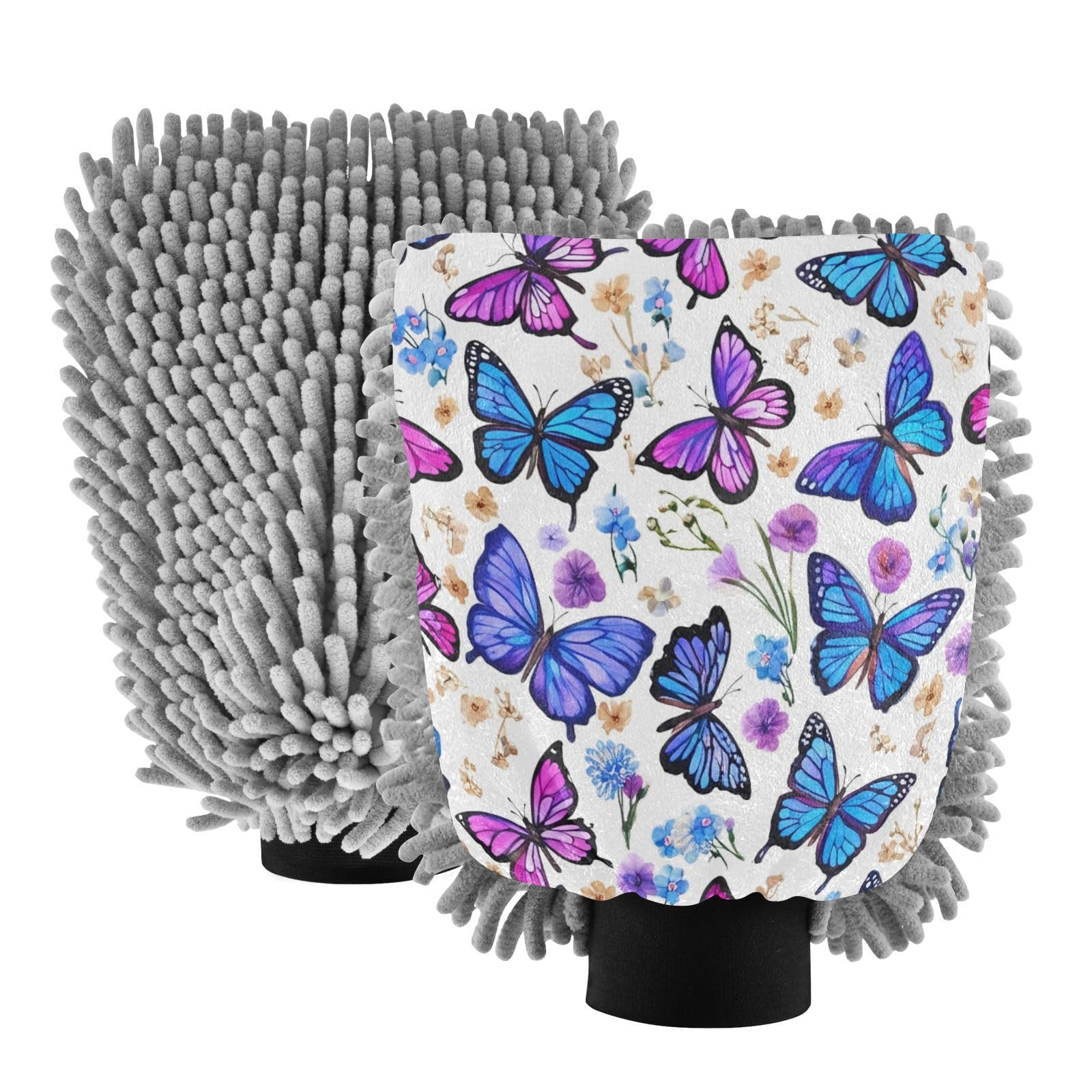 Kigai Beautiful Colorful Butterfly Car Wash Mitt Microfiber, 2Pcs Scratch Free Lint-Free, Premium Chenille Microfiber Mitt Car Wash Brush-M