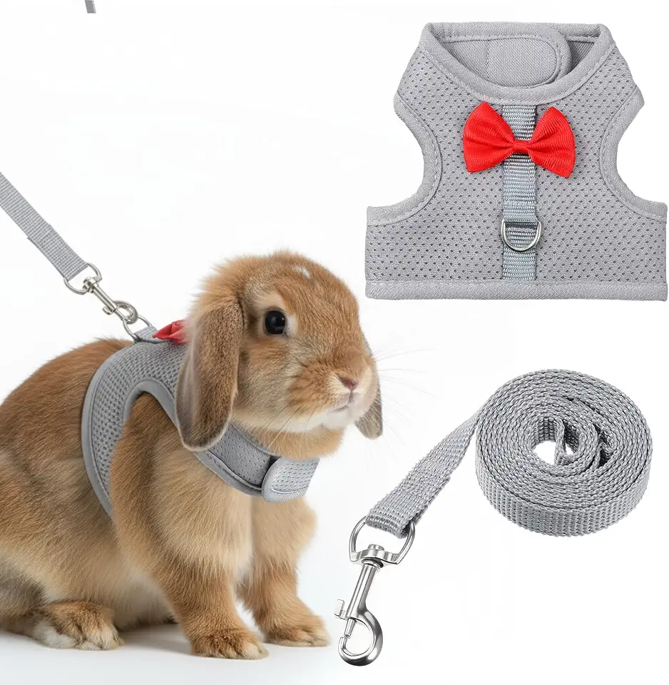 Conjunto de arnês e coleira de coelho, colete de coelho com laço fofo, malha respirável e macia, conjunto de coleira para coelhos, furões, gatinhos, porquinhos-da-índia, cinza, M