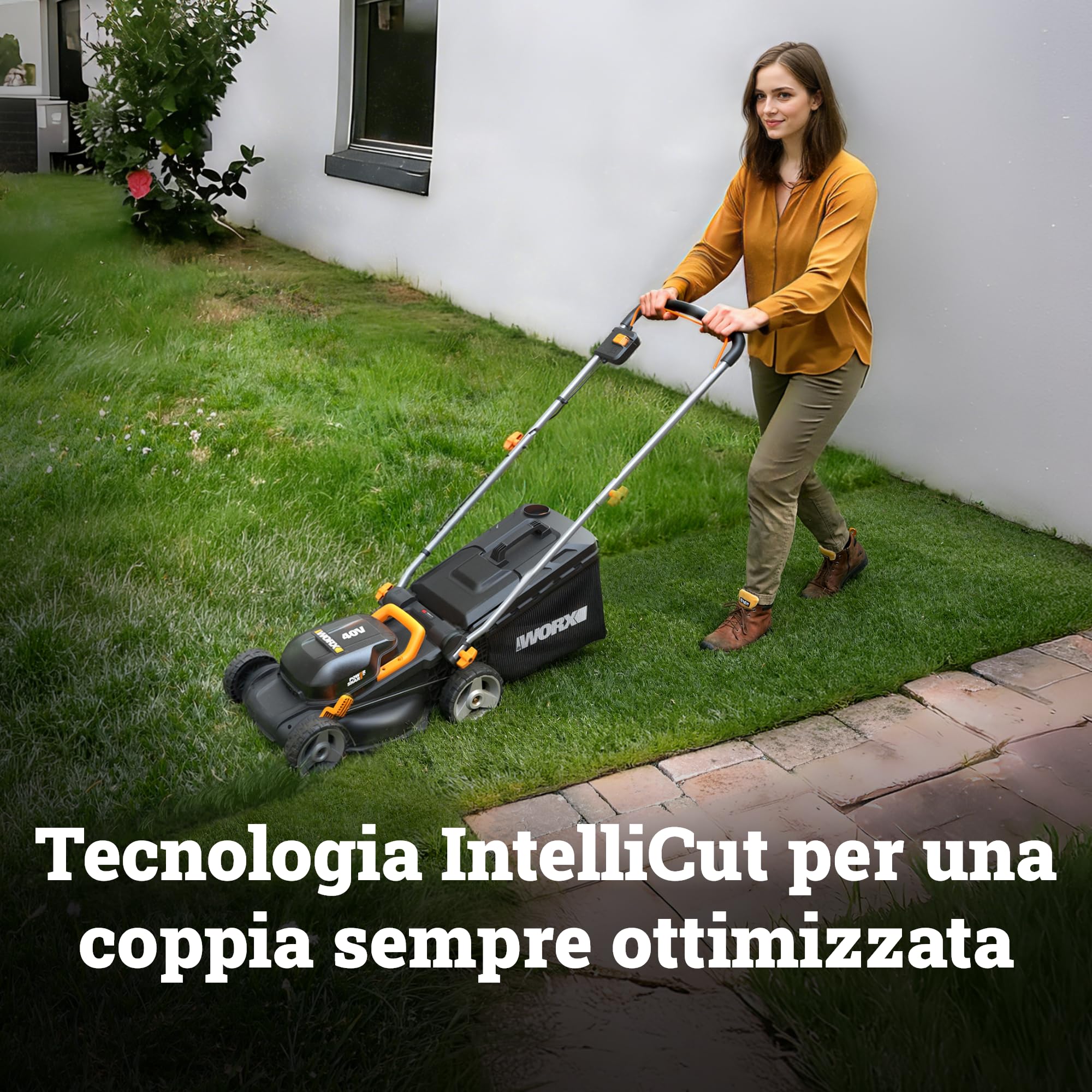 WORX WG735E Rasaerba a batteria 40 V, taglio 34 cm, motore brushless, altezza regolabile su 6 livelli da 20 a 75 mm, sacco 35 L, Cut-to-Edge, 2 batterie da 4 Ah e caricabatterie doppio inclusi