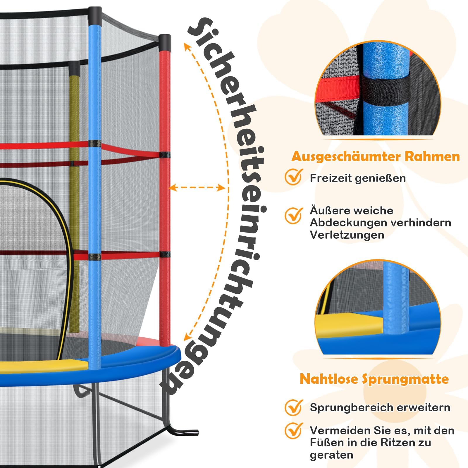 COSTWAY Trampolina ogrodowa o średnicy 165 cm z siatką zabezpieczającą, obciążenie do 135 kg, trampolina do użytku wewnątrz i na zewnątrz, dla dzieci od 3 lat (kolorowa, Ø 165 x 191 cm)