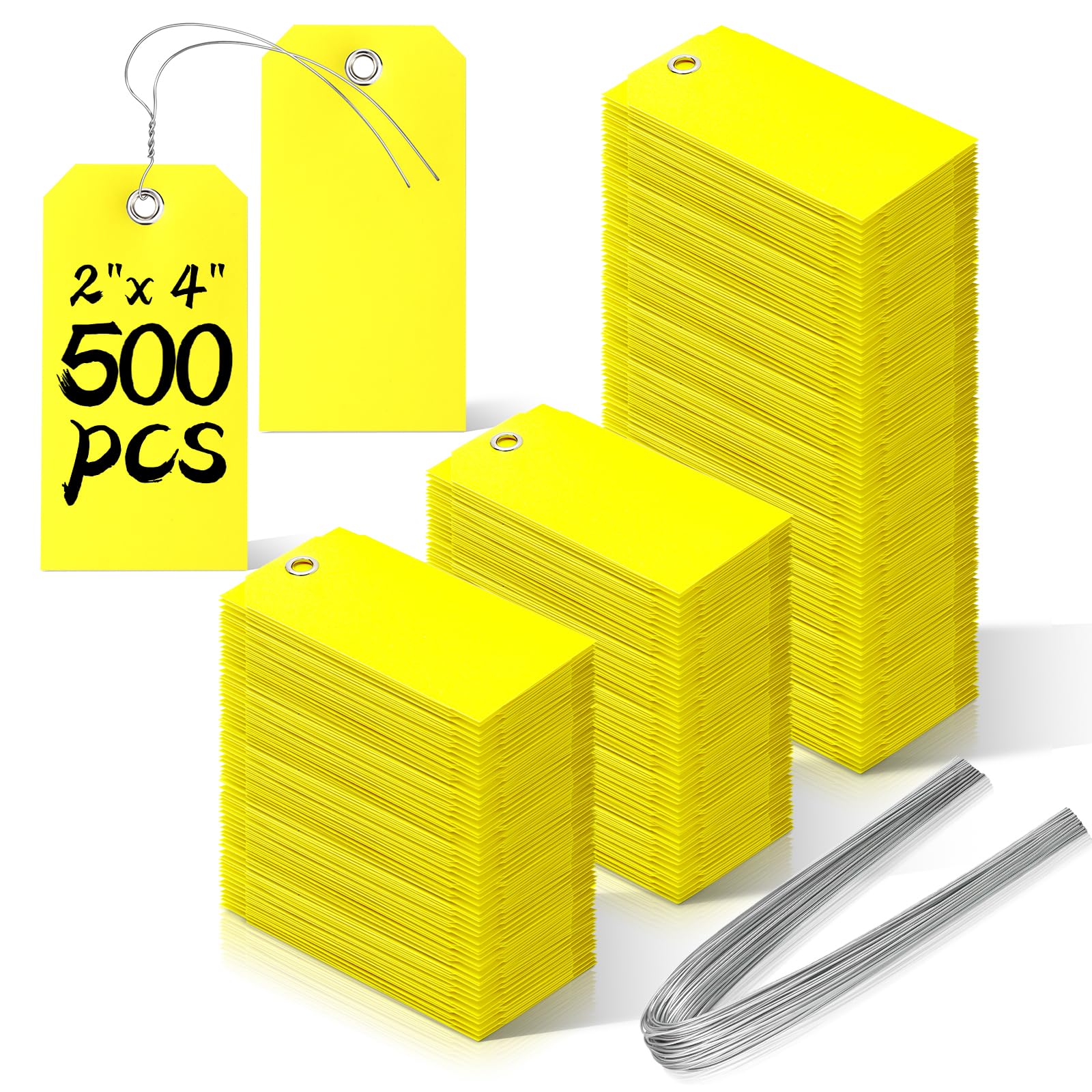 500 Pieces Plastic Shipping Tags With Wire - Waterproof Heavy Duty Labeling Tags With String Wires for Equipment Car Parts (Yellow, 2x4)
