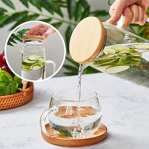 Miniatura 5 de Hsei 2 juegos de jarras de vidrio con tapa, jarra de agua de 50 onzas  50.7 fl oz con asas para bebidas frías y calientes, jarra de vidrio para té,