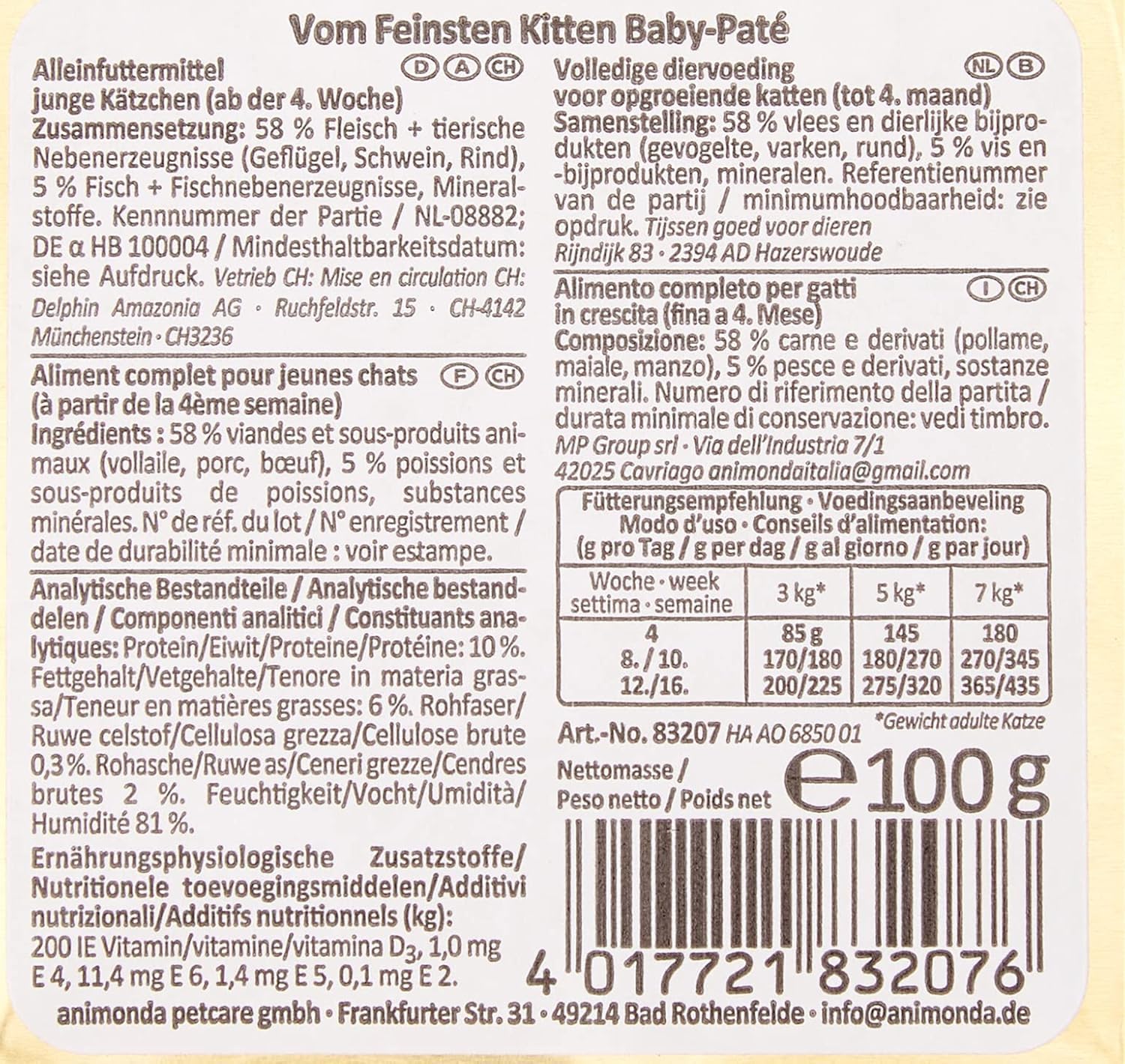 animonda Vom Feinsten Kitten Baby-Paté (32 x 100 g), Kitten Nassfutter für wachsende Kätzchen ab der 4. Woche, Katzenfutter ohne Getreide und Zucker, zart-cremige Konsistenz