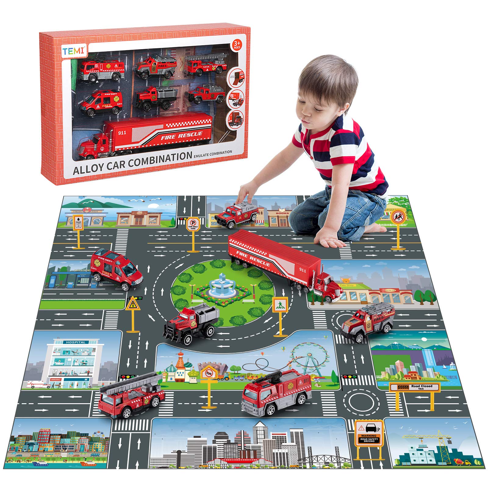 Buy TEMI Diecast Emergency Fire Rescue Vehicle Toy Set w/ Play Mat