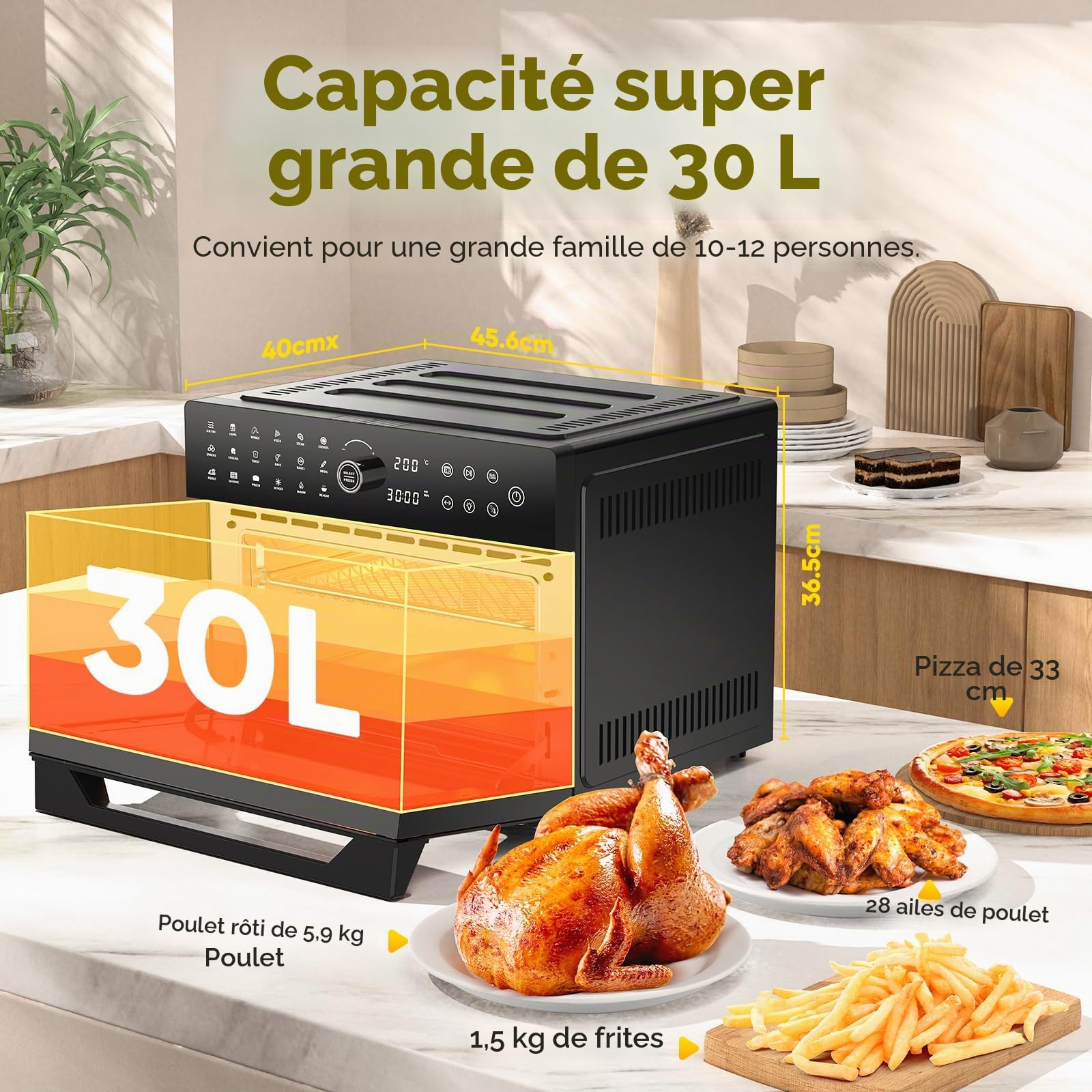 30L Friteuse Air Fryer XXL Mini Four Électrique Écran Tactile LED, Air Fryer Grande Capacité avec 20 Programmes et Deux Modes de Cuisson, 1800W Airfryer Chaud Oven Sans Huile, 8h Timer, 7 Annexes
