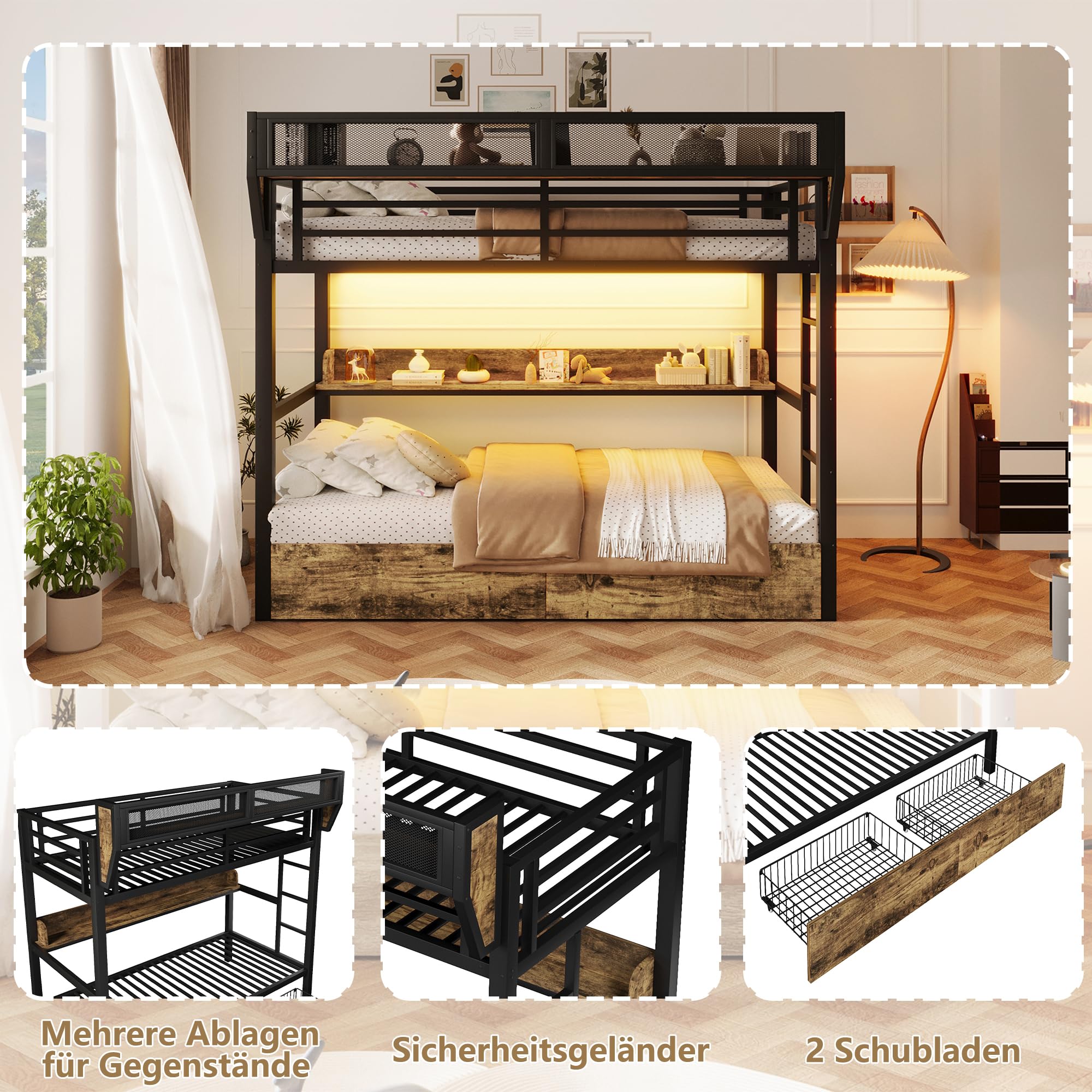 Merax Etagenbett 90x200 cm aus Metall, Kinderbett mit Stauraum & App-LED, Stockbett Metallbett mit 2 Schubladen, Aufbewahrungskorb & Ablagebord, Jugendbett mit Rausfallschutz, ohne Matratze, Schwarz