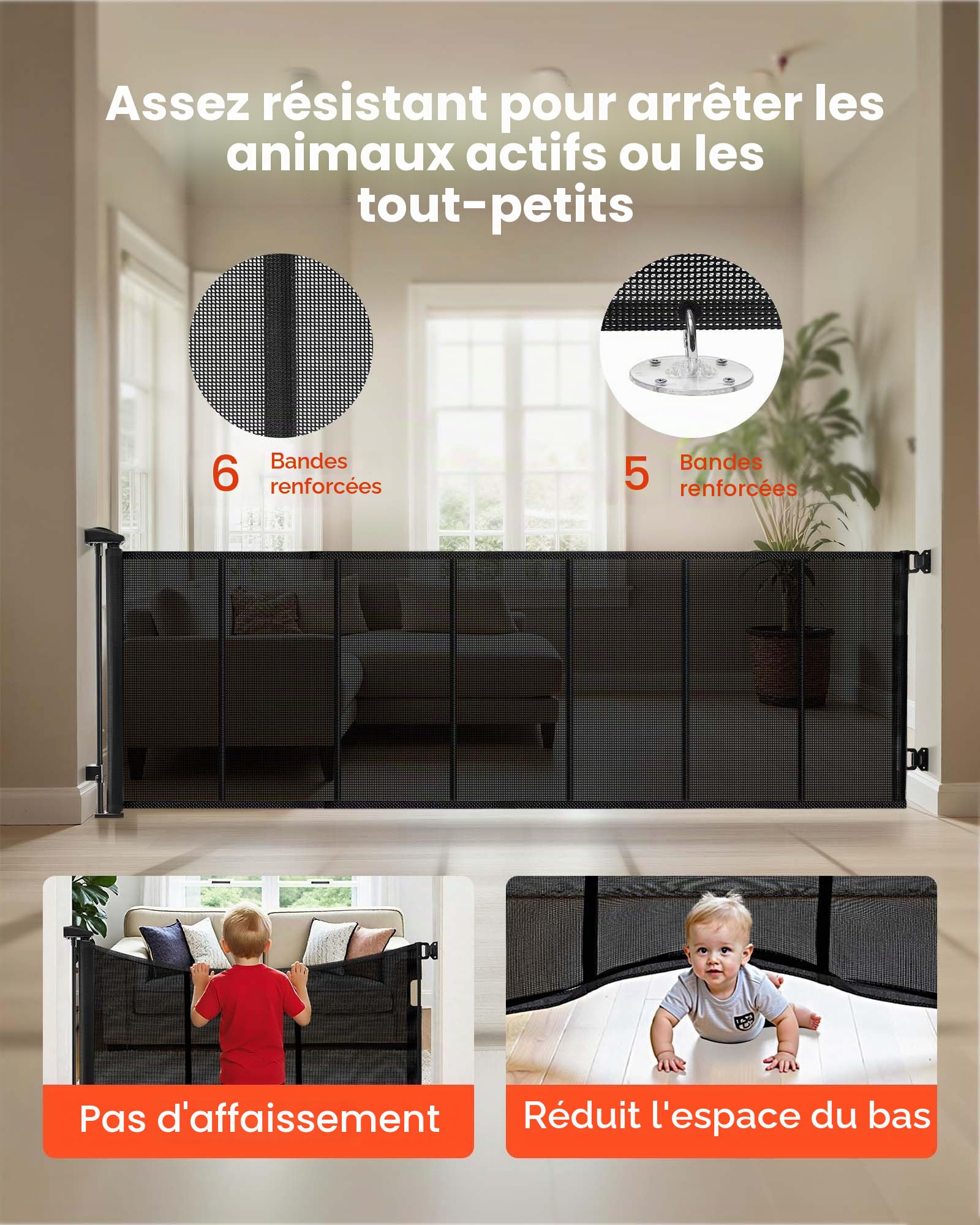 VEVOR Barrière de Sécurité Extensible, Clôture en Maille Jusqu’à 305 cm de Large et 98 cm de Haut, Barrière Rétractable avec Bandes Renforcées en Fibre de Verre, pour Couloir Escalier Porte, Noir