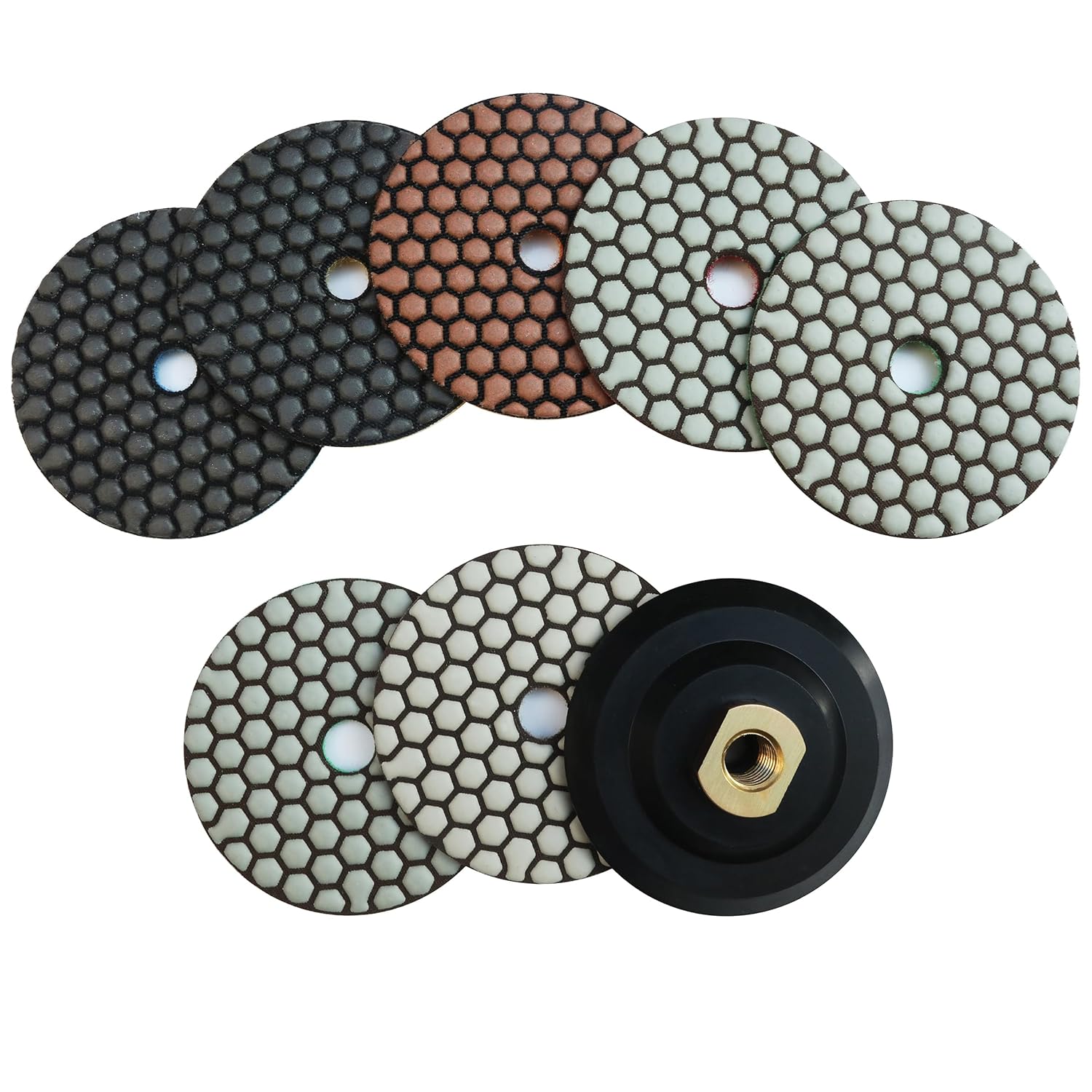Dry Diamond Polishing Pads 4 Inch Set of 7 Pieces with 5/8”-11 Rubber Backer Pad Drill Grinder Polisher 50-3000 Grit Pads for Marble Tile Quartz Granite Stone Concrete Countertop