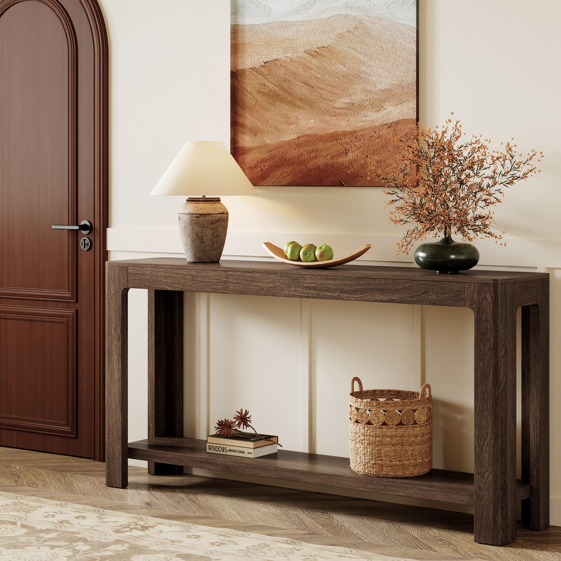 tribesigns 63 inch entryway console table, 2-tier farmhouse narrow sofa table behind couch, accent entrance console furniture for entryway, foyer, hallway, dark brown