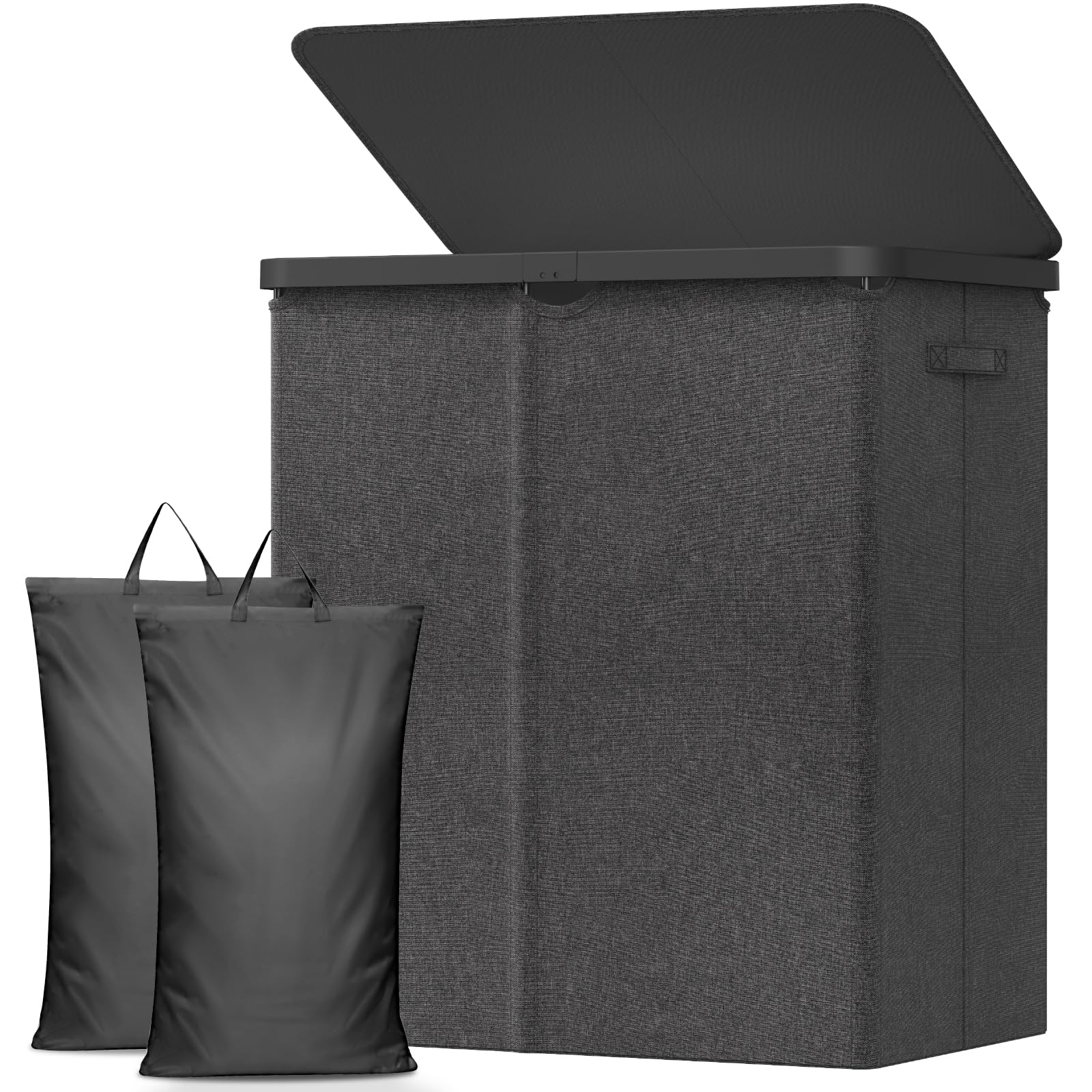 Lifewit 145L Laundry Basket with Lid, Double Washing Basket with Handles and Bag, Large Foldable Dirty Clothes Organiser with Plastic Frame for Laundry Room, Bedroom, Bathroom, Dark Gray
