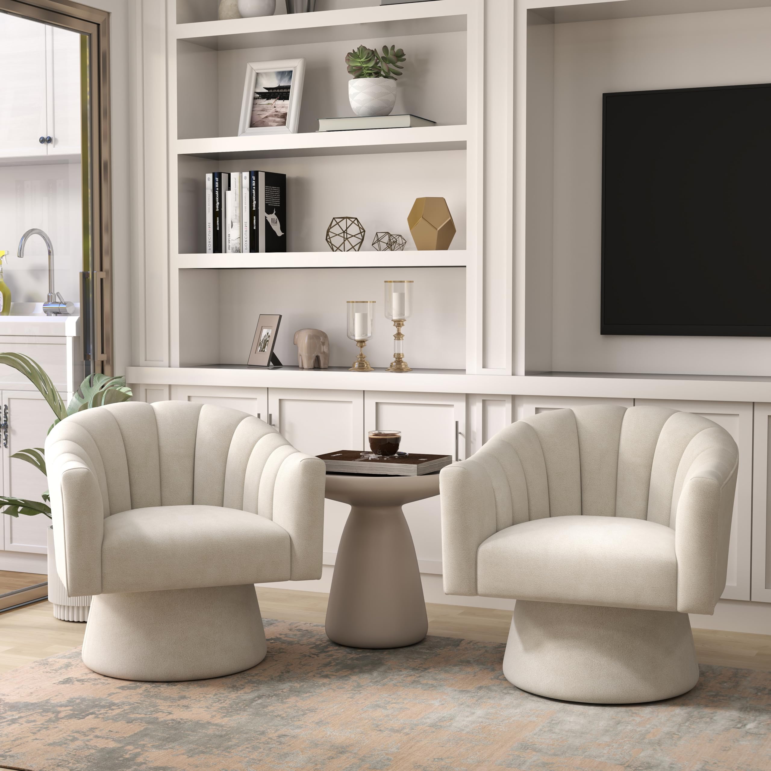 Swivel Accent Chair Set of 2, Upholstered Velvet 360° Swivel Barrel Chair for Living Room Overstuffed Bouncle Reading Chair Round Armchair for Bedroom