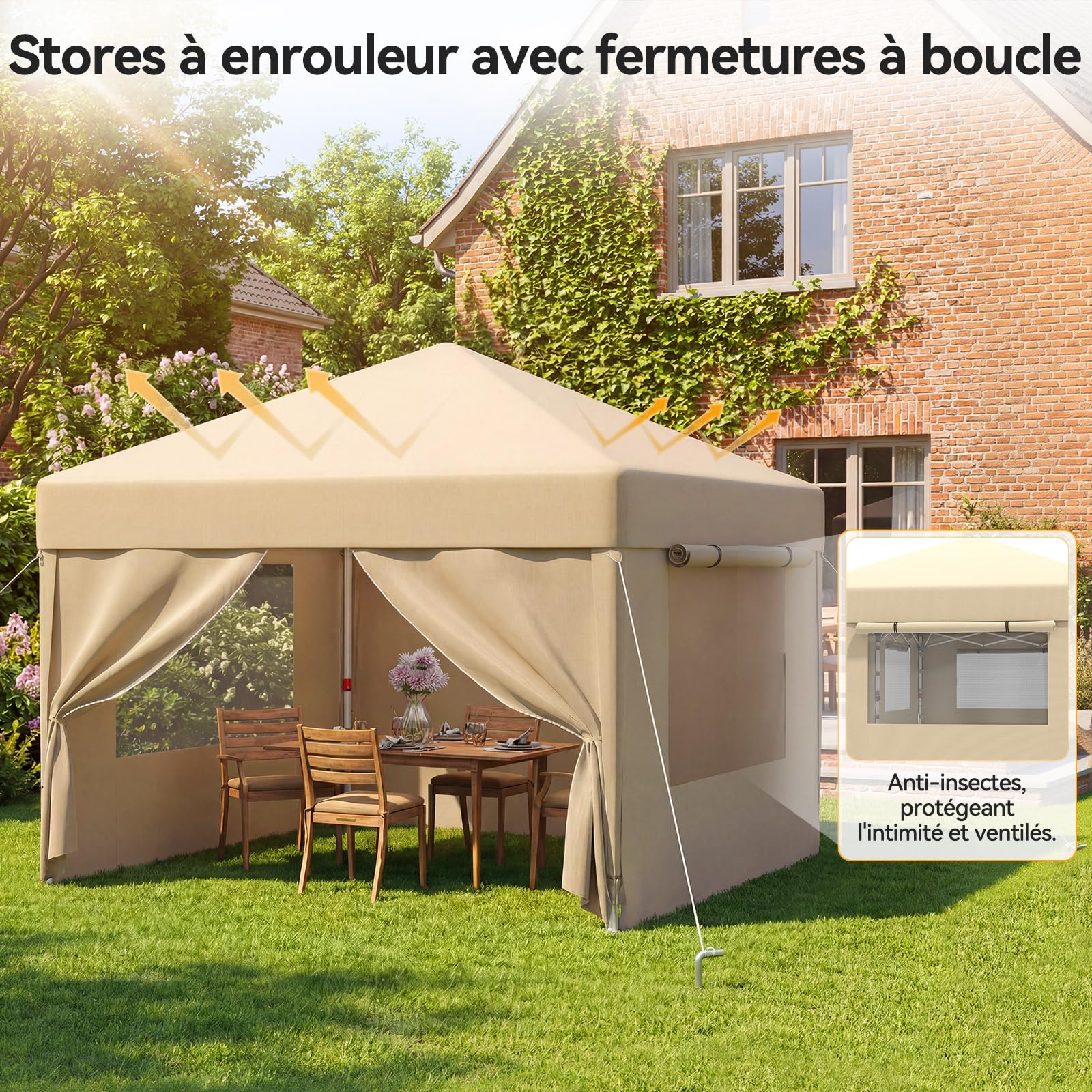 JUMMICO Tonnelle Pliante 3x3m avec Moustiquaire Aérée Anti-Insectes｜Robuste et Durable｜Imperméable et Anti-UV｜Installation et Rangement Rapides｜Idéale pour Cour, Balcon, Camping et Plus Encore｜Beige