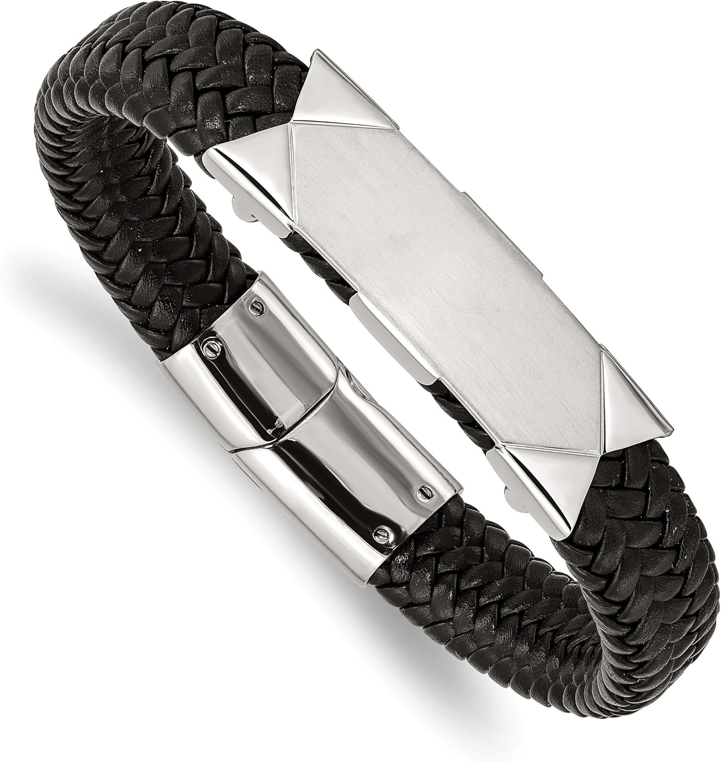 Men's Black Braided Leather, Brushed Stainless Steel Accents ID Bracelet, 8.5 Inches
