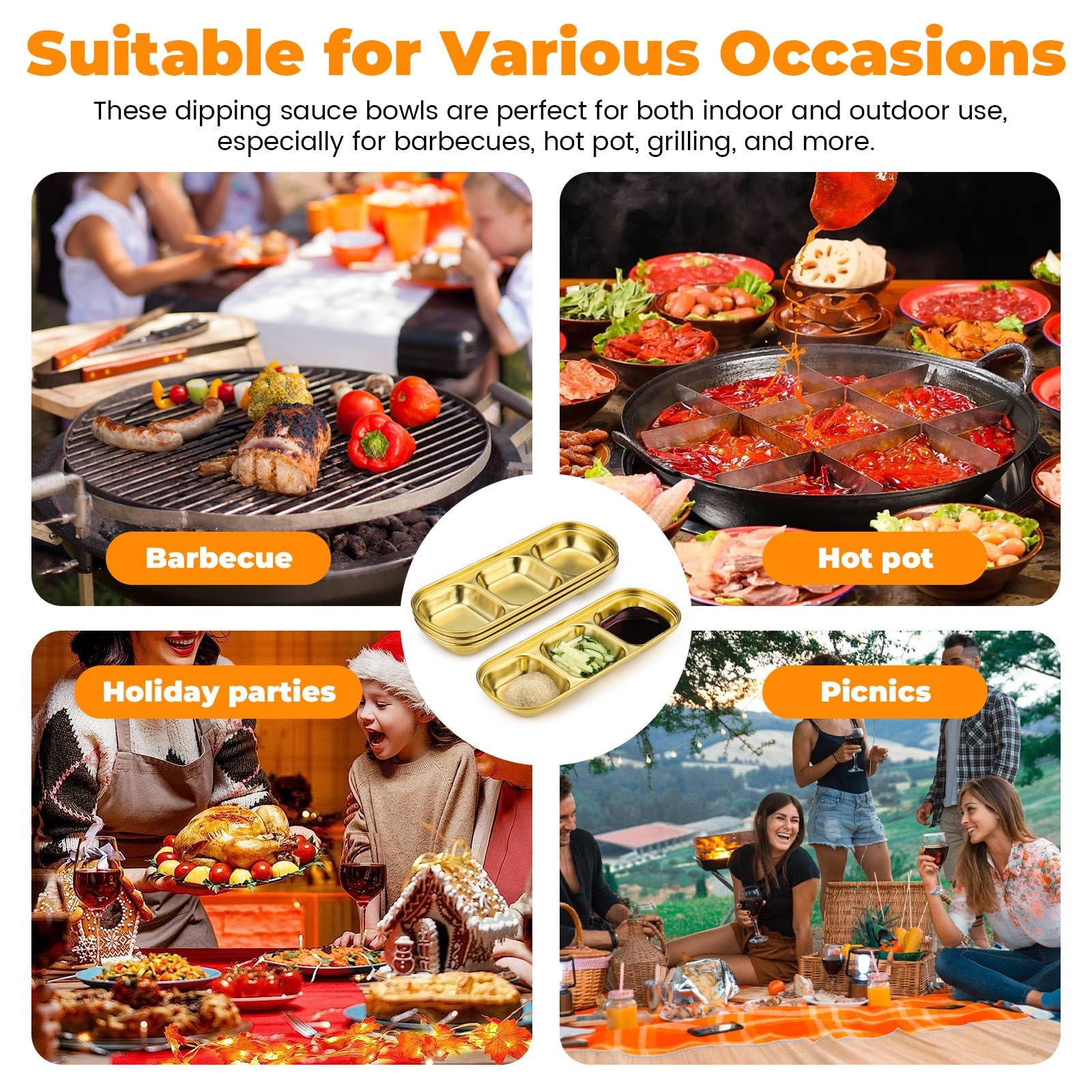 Juego de 6 cuencos de salsa de soja de acero inoxidable, 3 compartimentos, cuencos de metal para salsas, aperitivos, salsas, ingredientes, preparación, charcuteria, bandeja de especias doradas