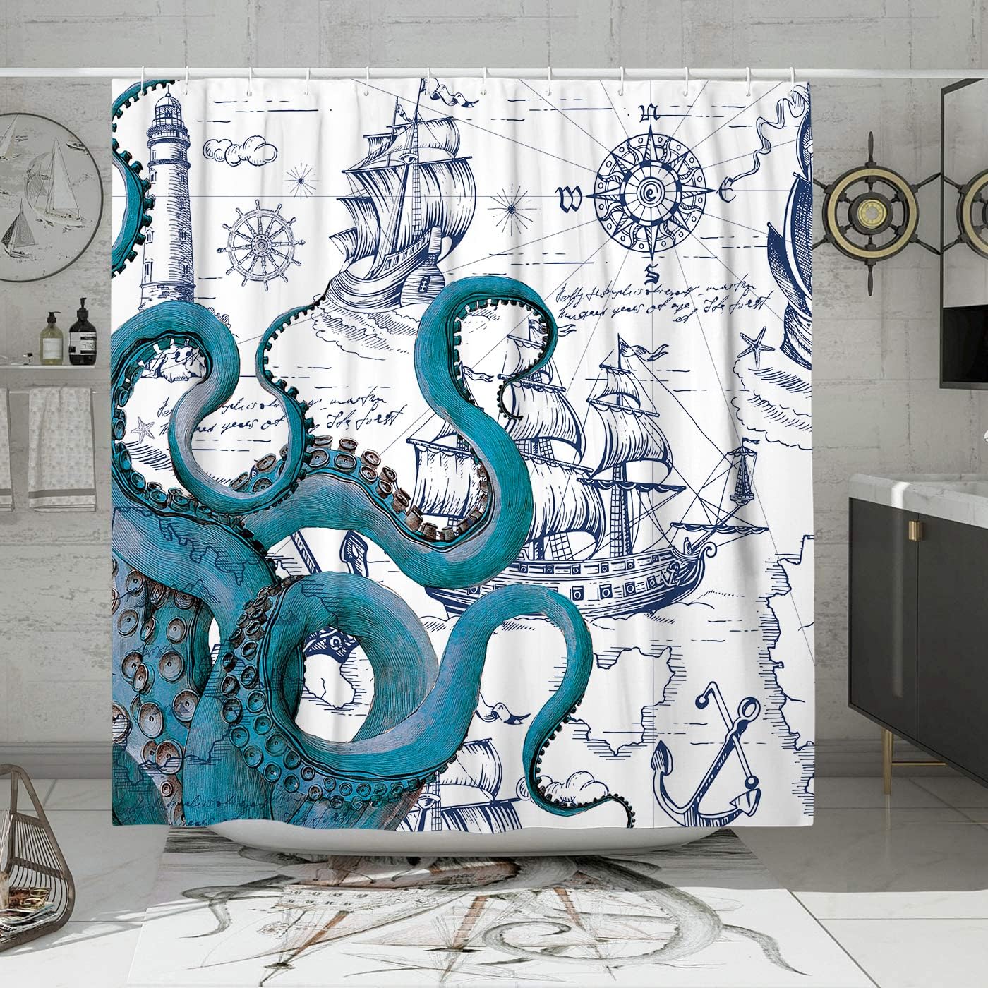 DESIHOM Blue Nautical Octopus Shower Curtain Set, Funny Ocean Kraken Shower Curtains for Bathroom, Beach Coastal Pirate Map Decor Polyester Fabric-72" x 72"