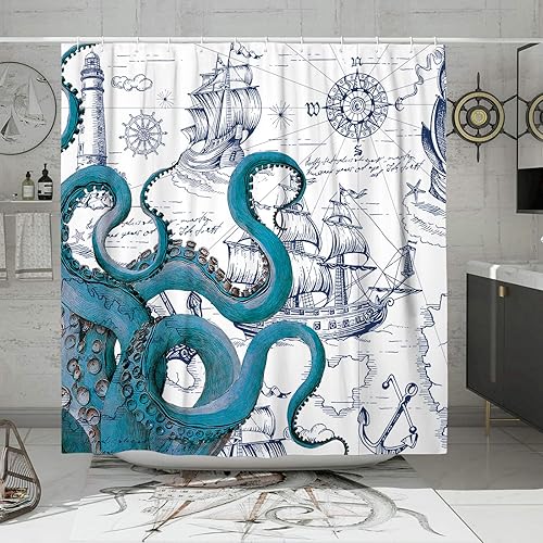 DESIHOM Juego de cortinas de ducha de pulpo náutico azul, divertidas cortinas de ducha estilo kraken del océano para baño, decoración de mapa pirata