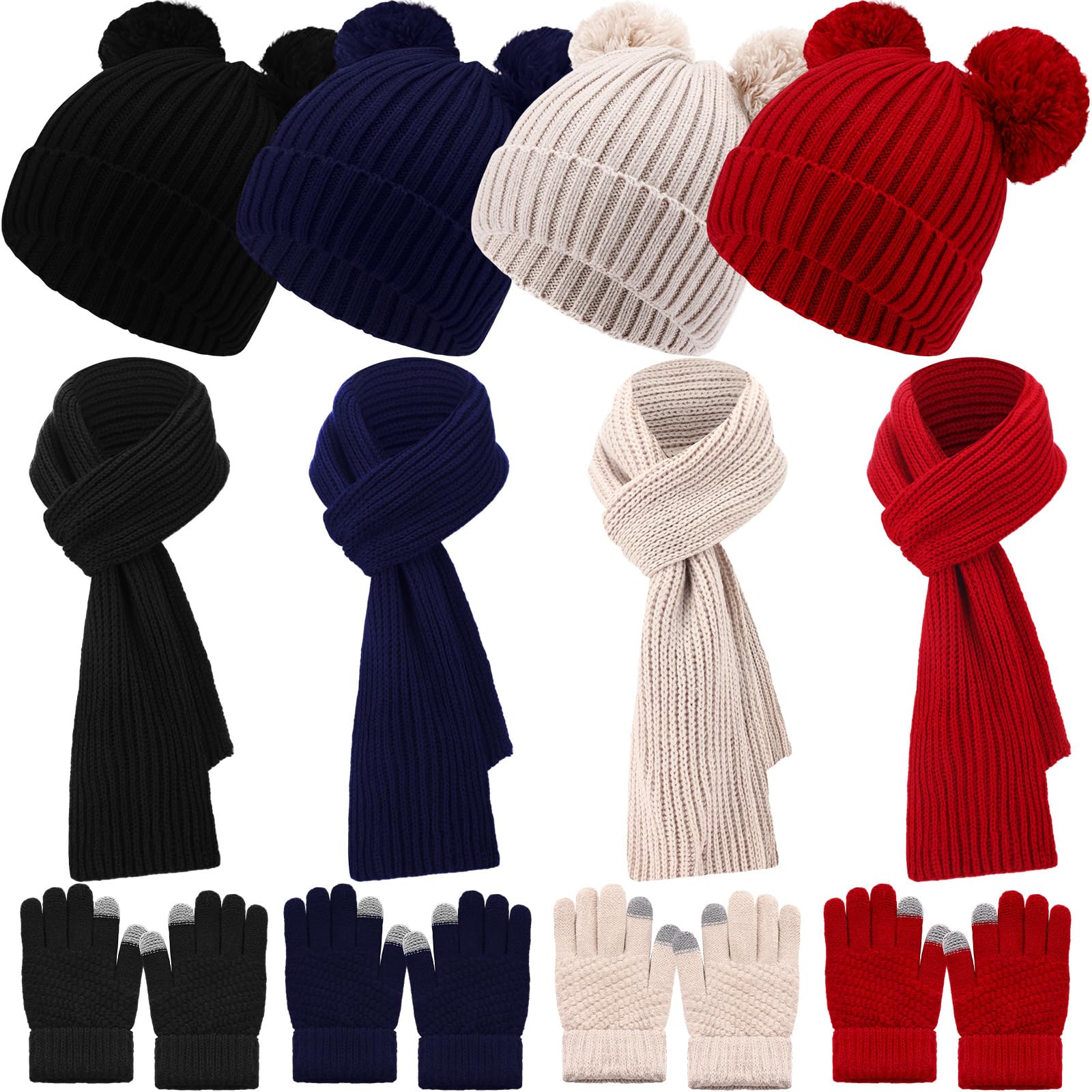 Geyoga Juego de 12 gorros de invierno para niños pequeños, bufanda, gorro de punto, guantes largos para niños y niñas de 2 a 8 años