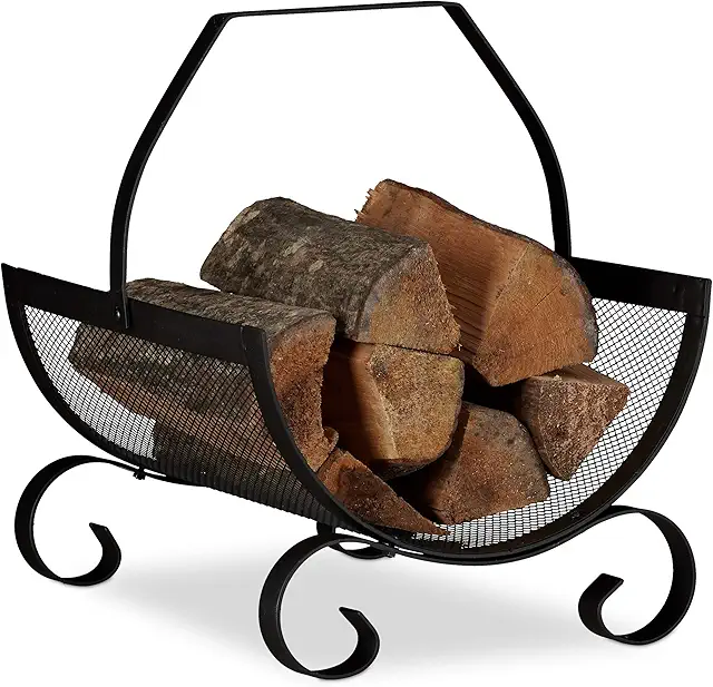Relaxdays Black Wood Basket - Modern Vedförvaring Korg