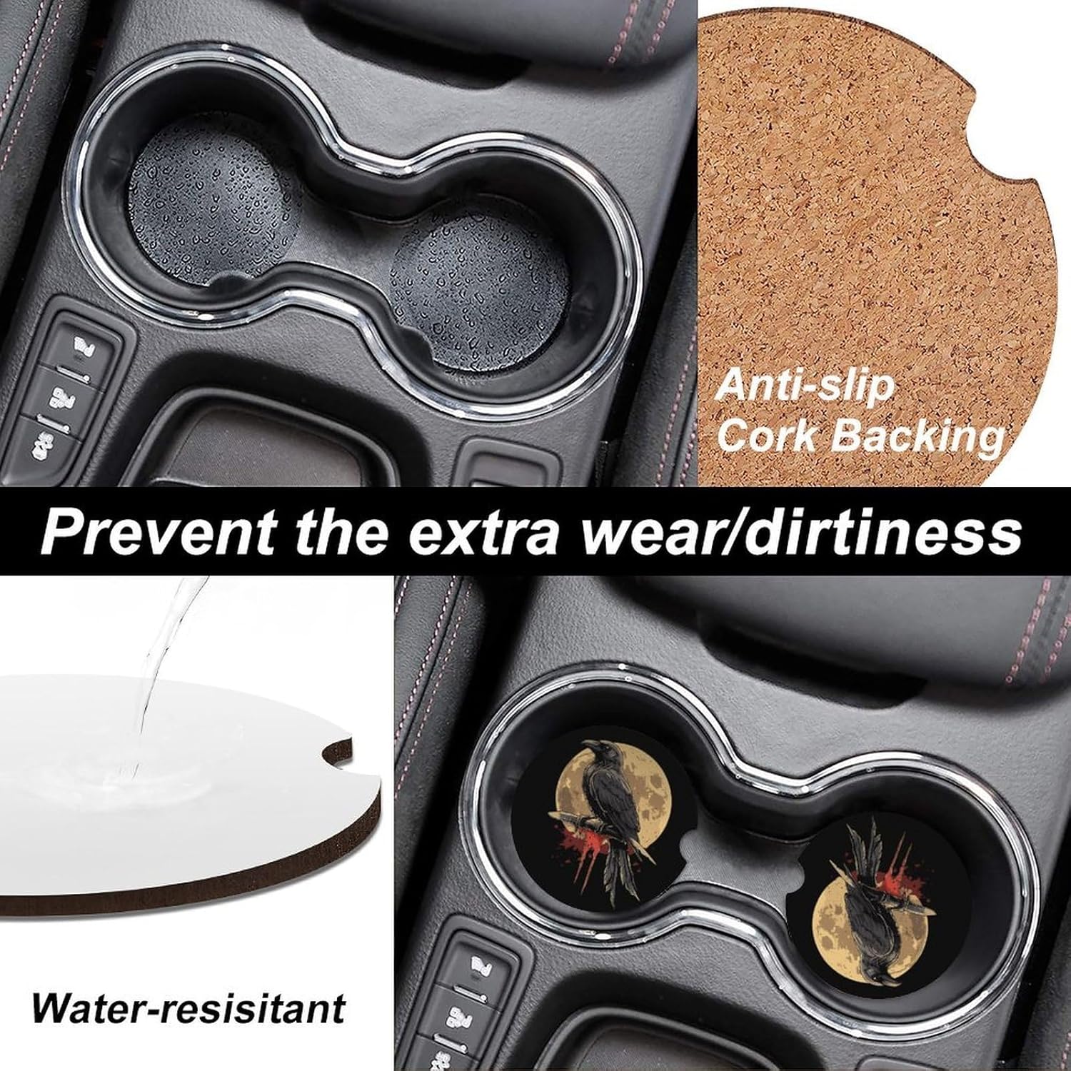 Cow Moon Cute Car Coasters 2.56 Inch Absorbent Cup Holder for Drinks Auto Interior Accessories